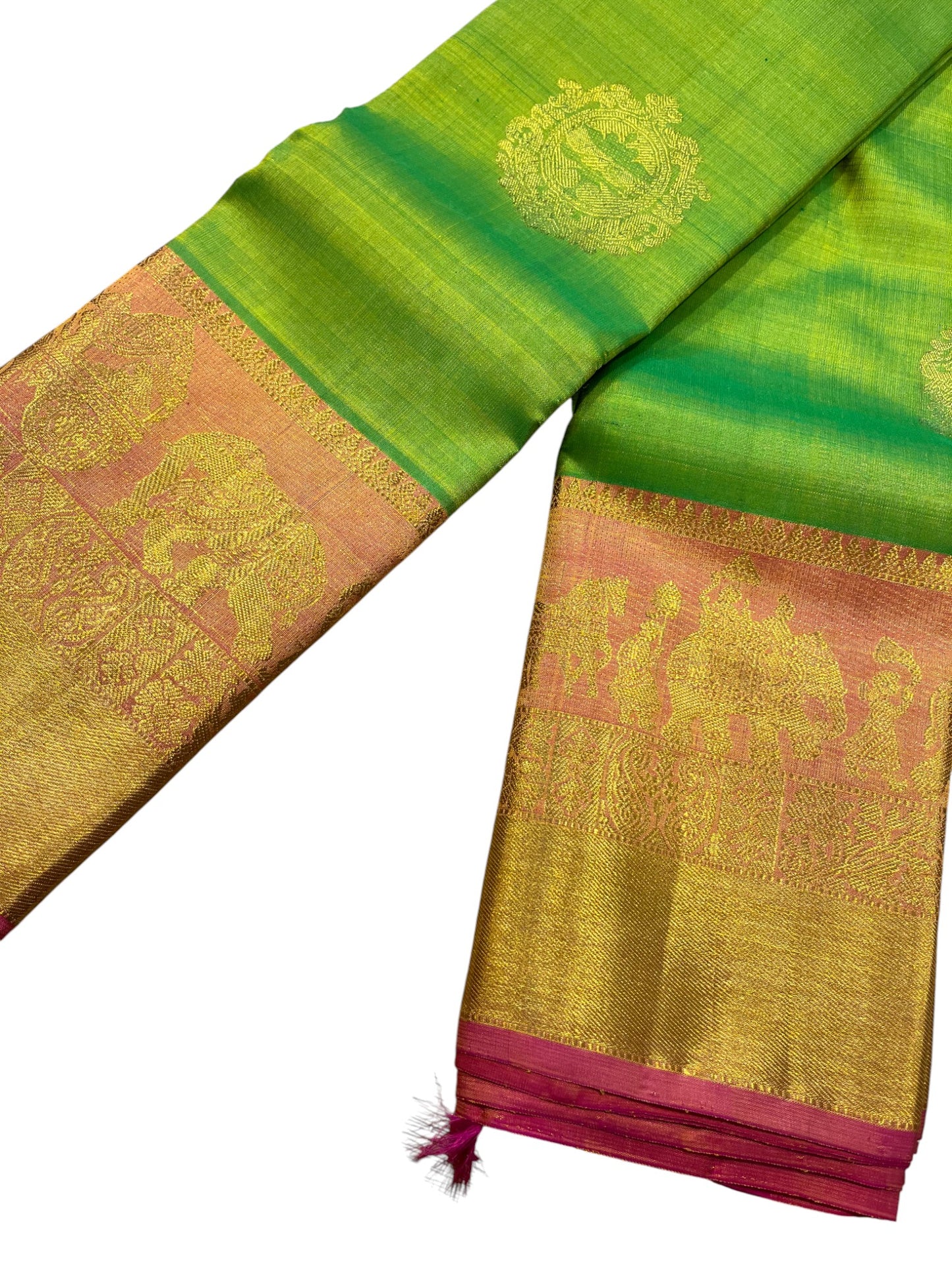 Southloom Premium Bridal Handloom Kanchipuram Silk Saree With Pallakku Design & Butta Works (Green)