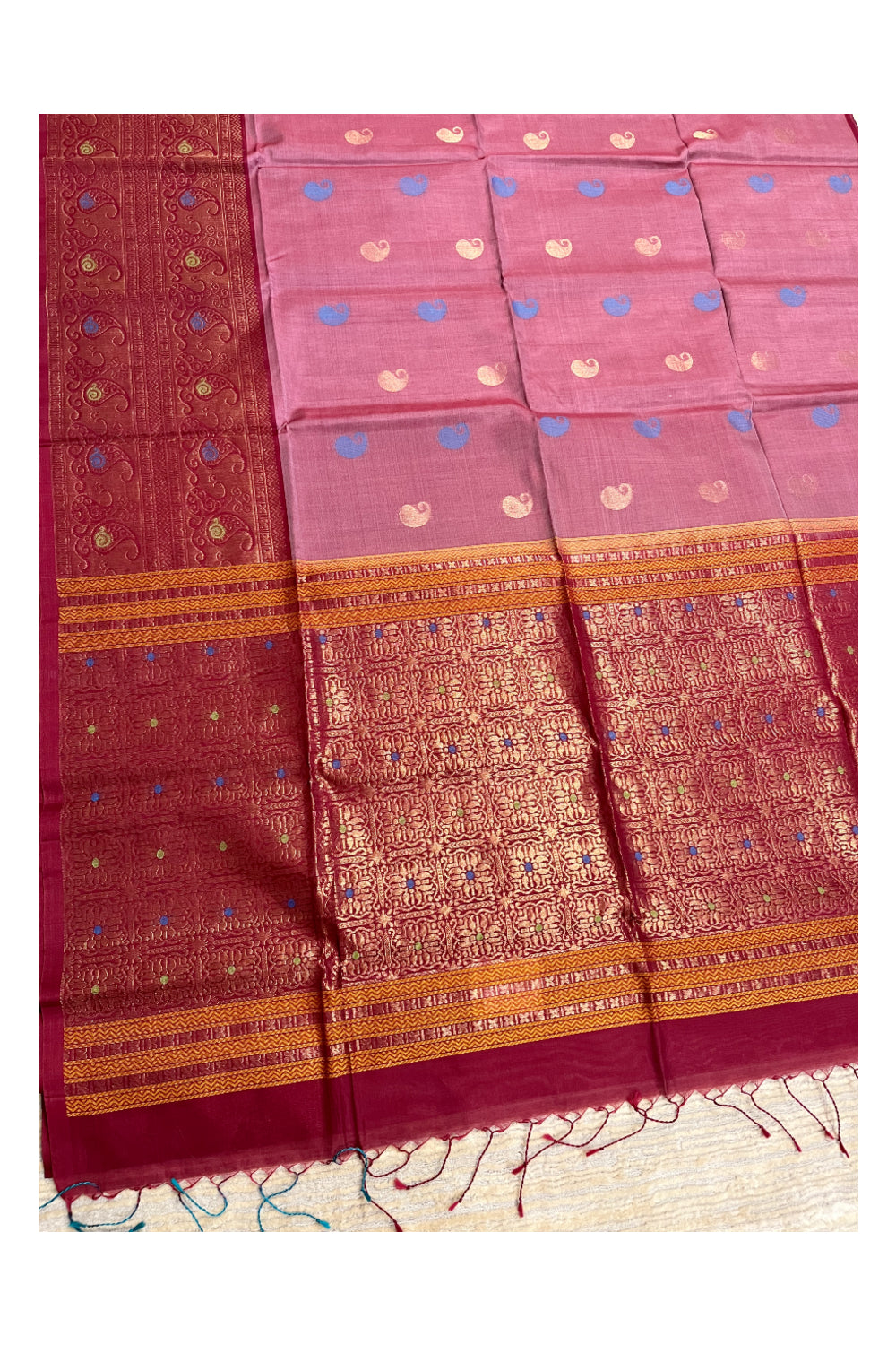 Southloom Pure Handloom Cotton Silk Saree With Handwoven Work Across Body and Blouse in Pink And Maroon