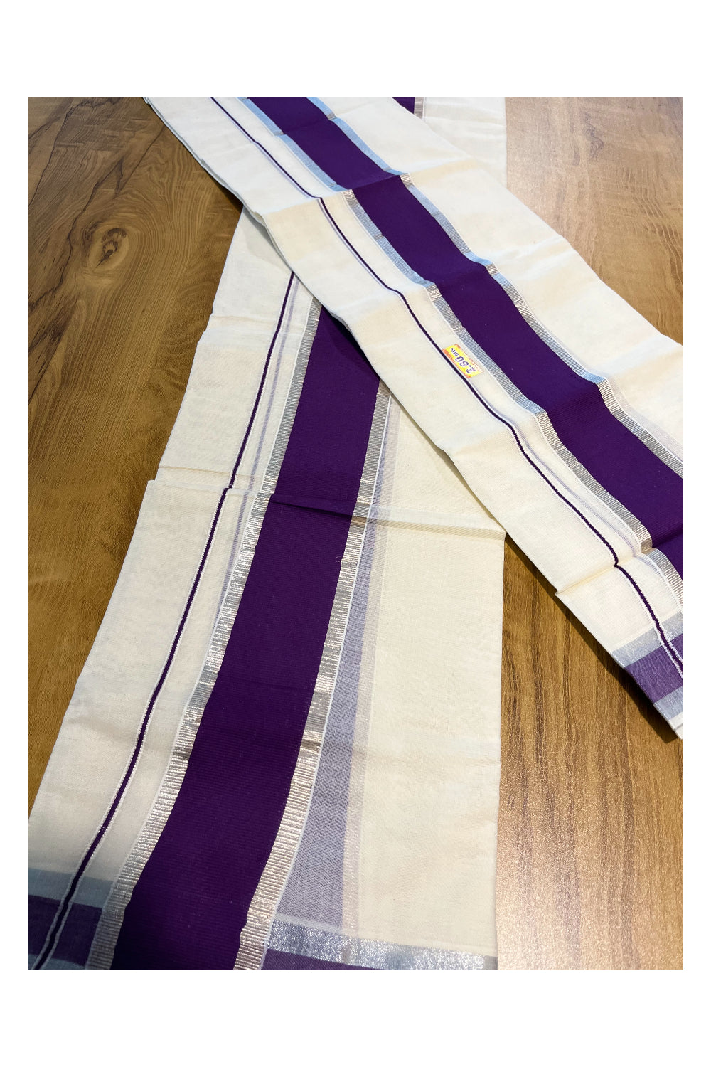 Kerala Cotton Mundum Neriyathum Single (Set Mundu) with Violet and Silver Kasavu Border 2.80 Mtrs SLKK SL470