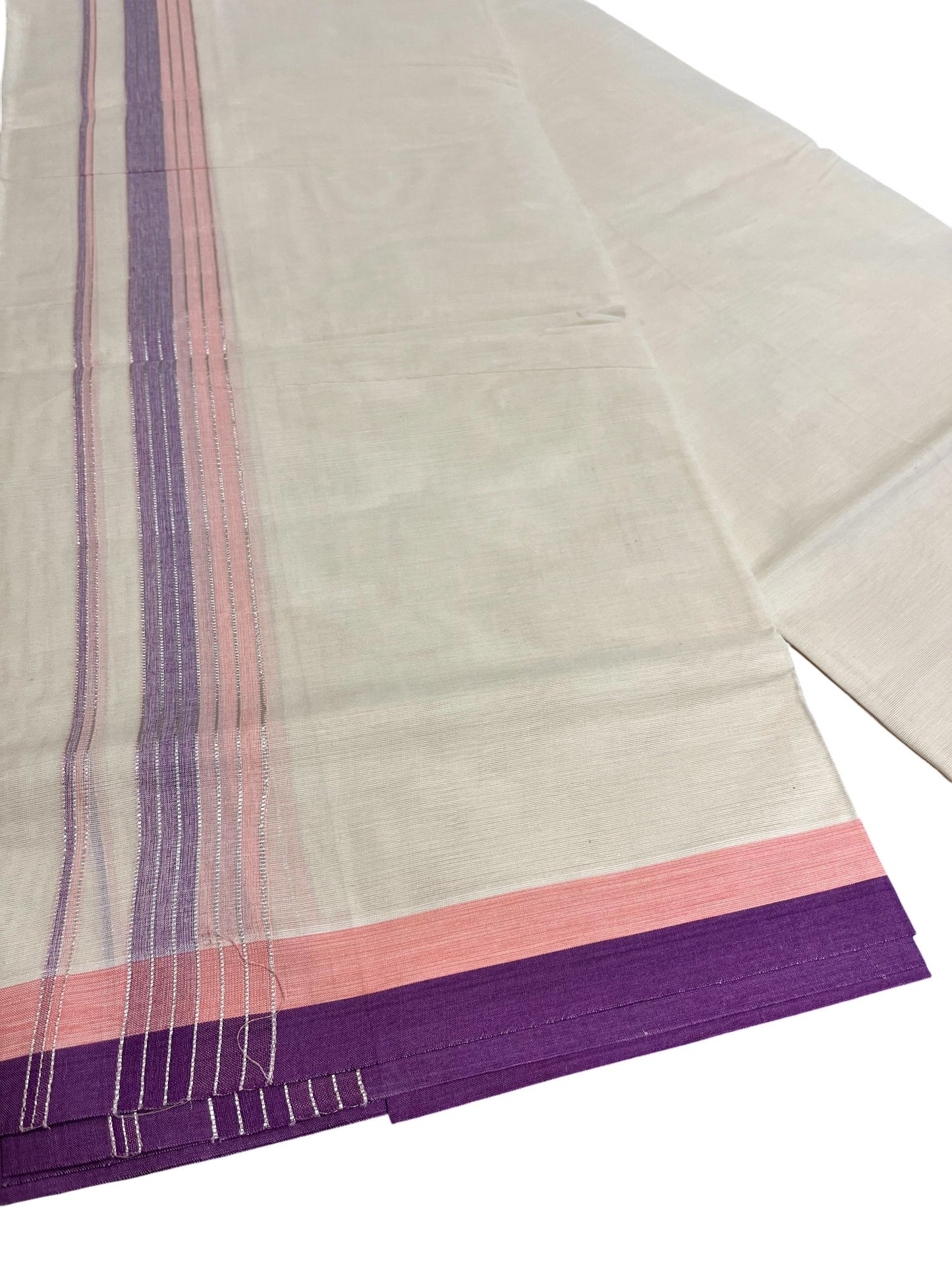 Southloom Kerala Pure Cotton Double Mundu with Peach & Violet Border (South Indian Dhoti)