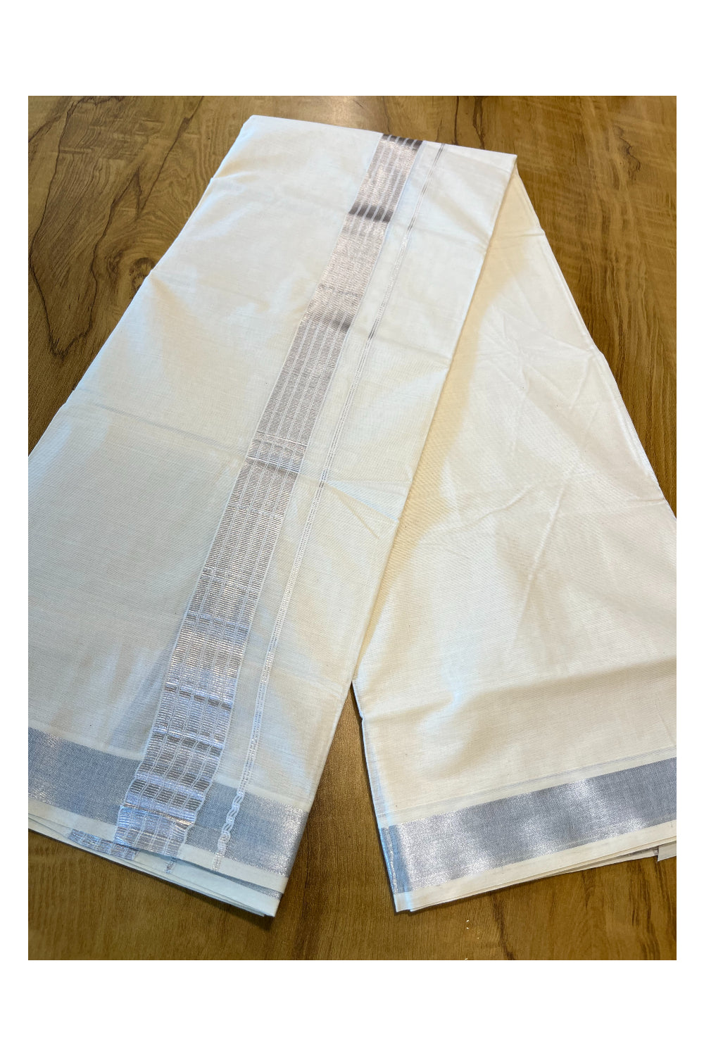 Pure Cotton Mundu with Silver Lines and Silver Border (South Indian Kerala Dhoti)