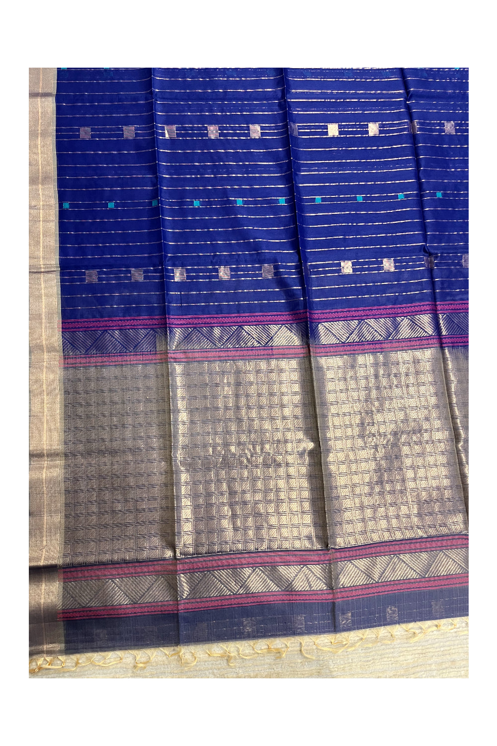 Southloom Pure Handloom Cotton Silk Saree With Handwoven Work Across Body and Blouse in Blue And Beige