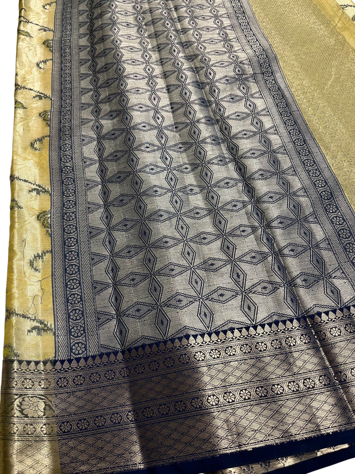 Southloom Tissue Silk Saree with Woven Work on Body and Borders (Beige & Blue)