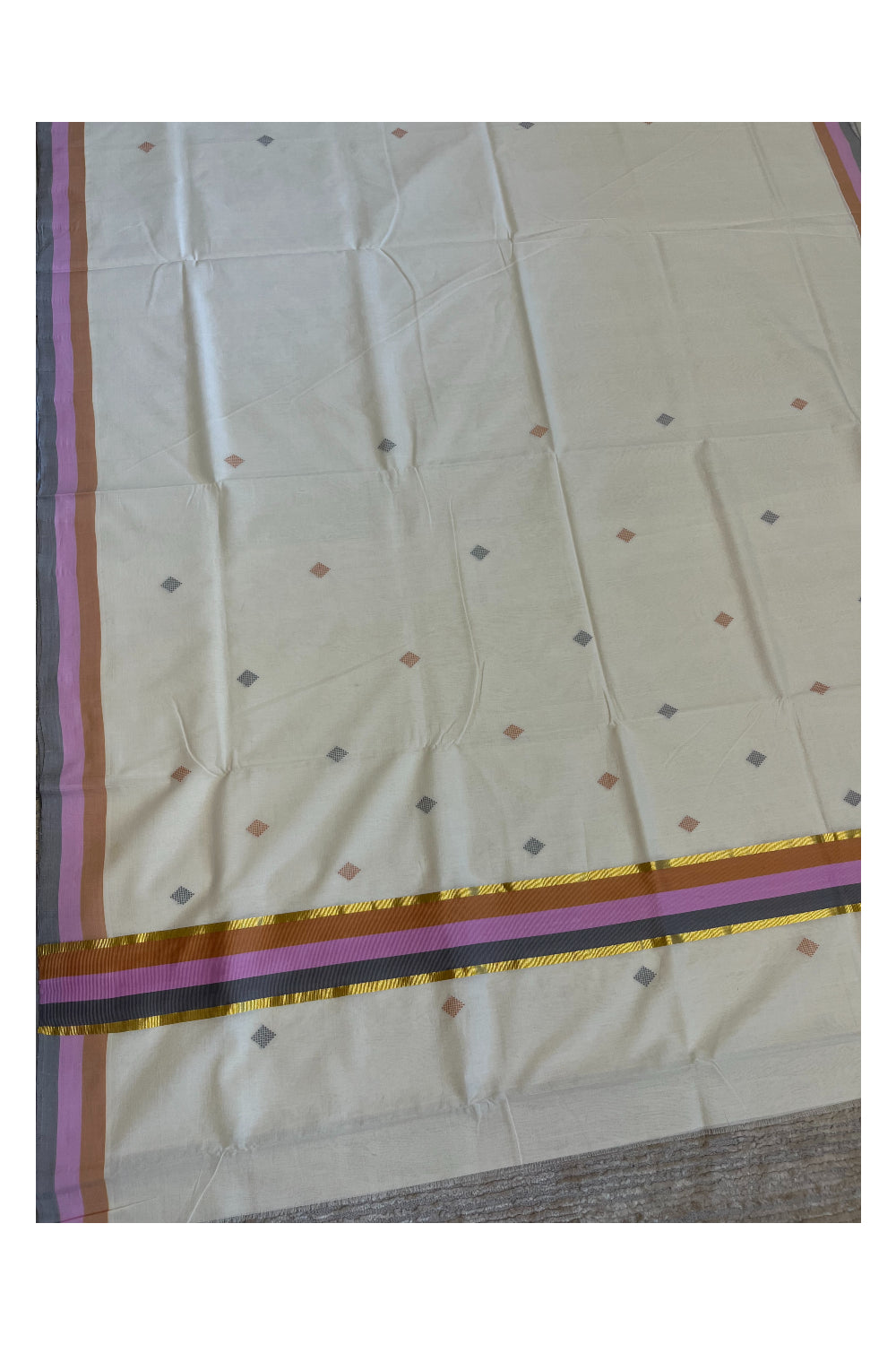 Southloom Premium Unakkupaavu Handloom Cotton Butta Saree with Orange, Pink and Grey Kasavu Border
