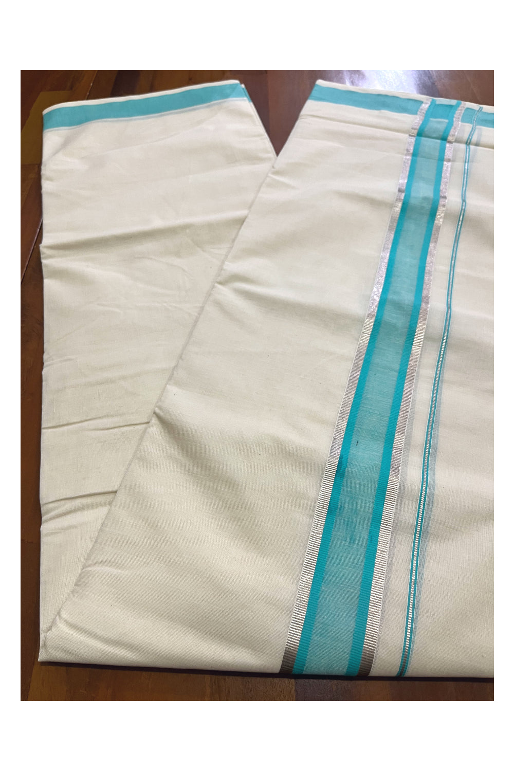 Kerala Cotton Off White Double Mundu with Silver Kasavu and Turquoise Border (South Indian Kerala Dhoti)