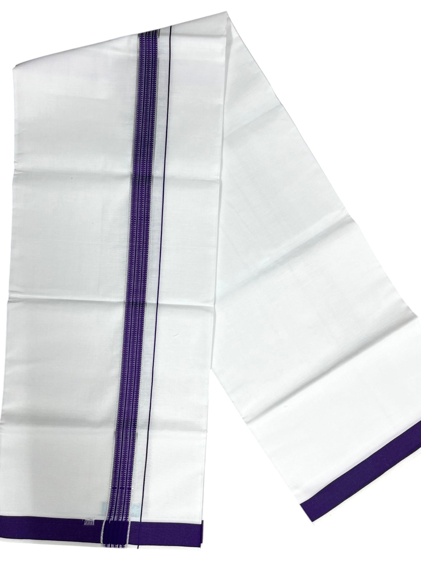 Southloom Pure White Cotton Single Mundu with Silver Line & Violet Border (South Indian Kerala Dhoti)