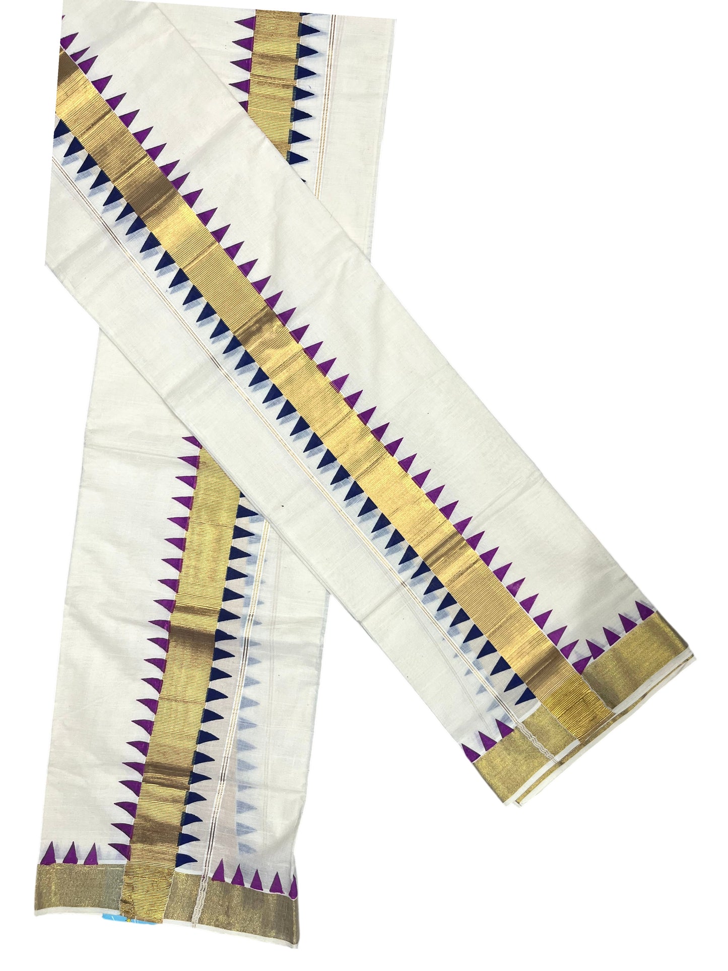 Southloom Kerala Cotton Kasavu Single Set Mundu (Mundum Neriyathum) with Magenta And Blue Temple Design Border SLKK
