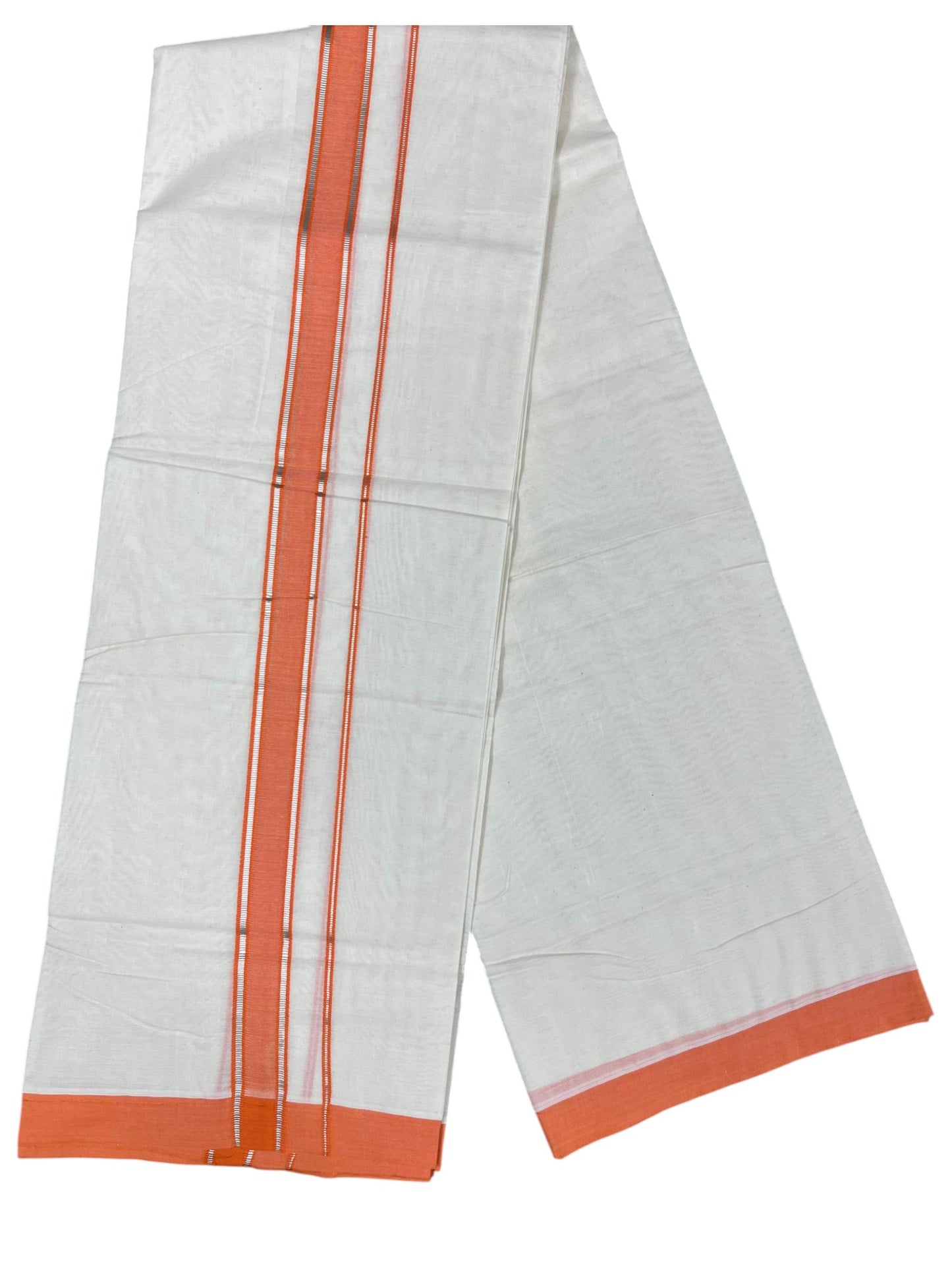 Southloom Pure Cotton Mundu with Silver Lines and Orange Border (South Indian Kerala Dhoti)