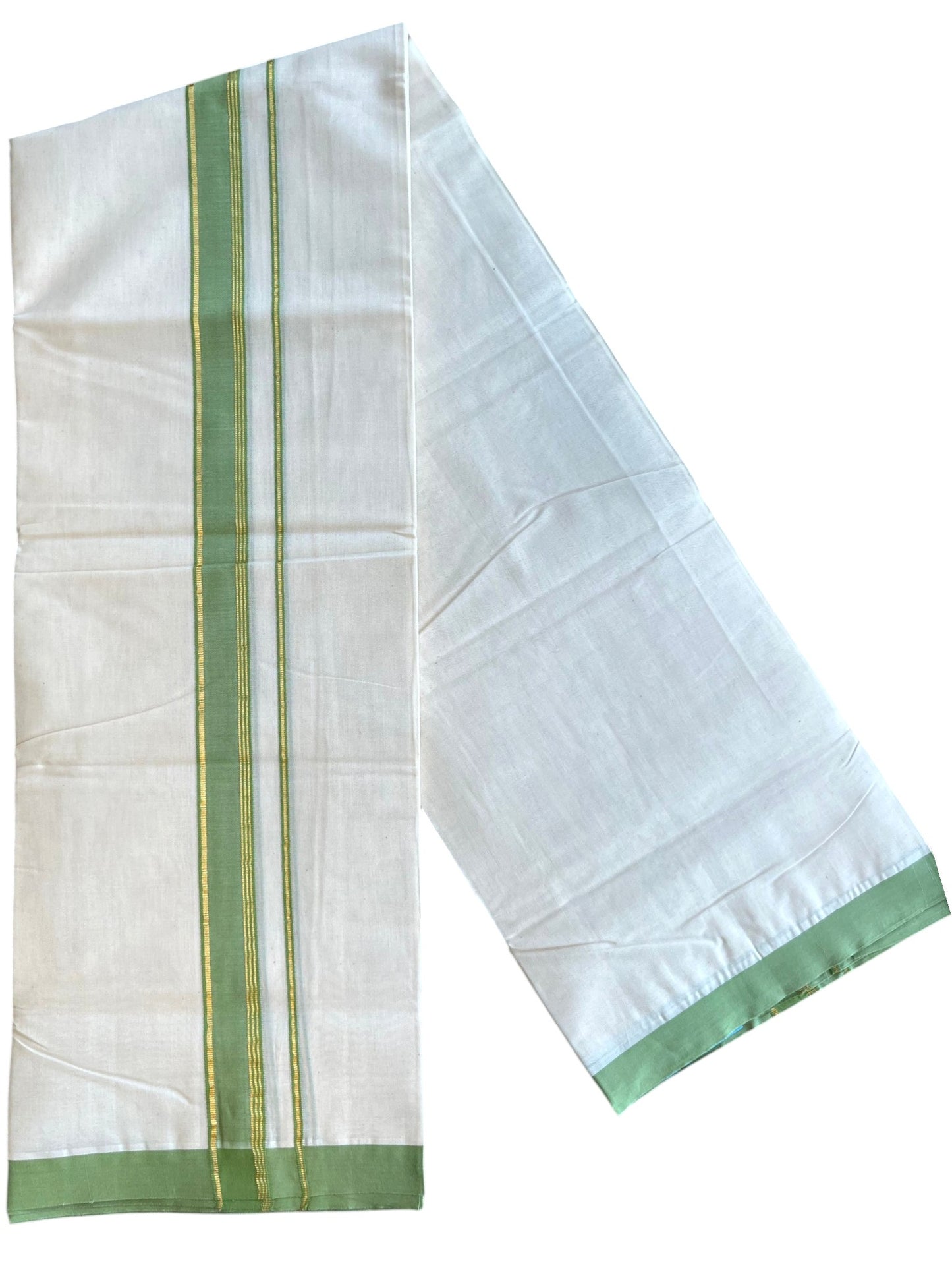 Southloom Pure Cotton Mundu with Golden Lines and Green Border (South Indian Kerala Dhoti)