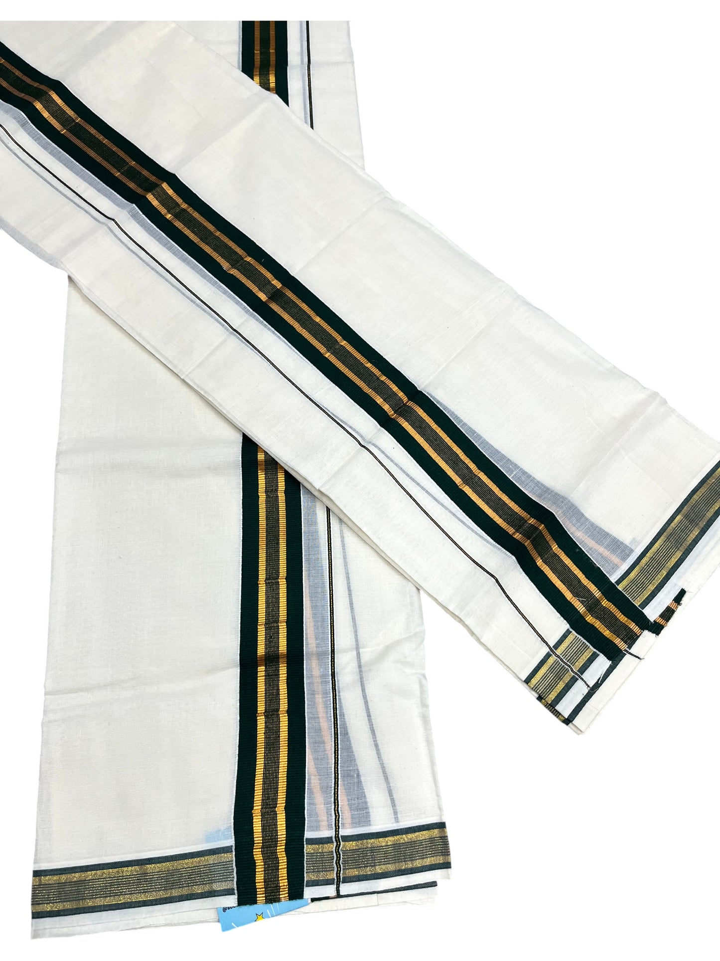 Southloom Kerala Cotton Single Set Mundu (Mundum Neriyathum) with Kasavu and Dark Green Border SLKK SL470