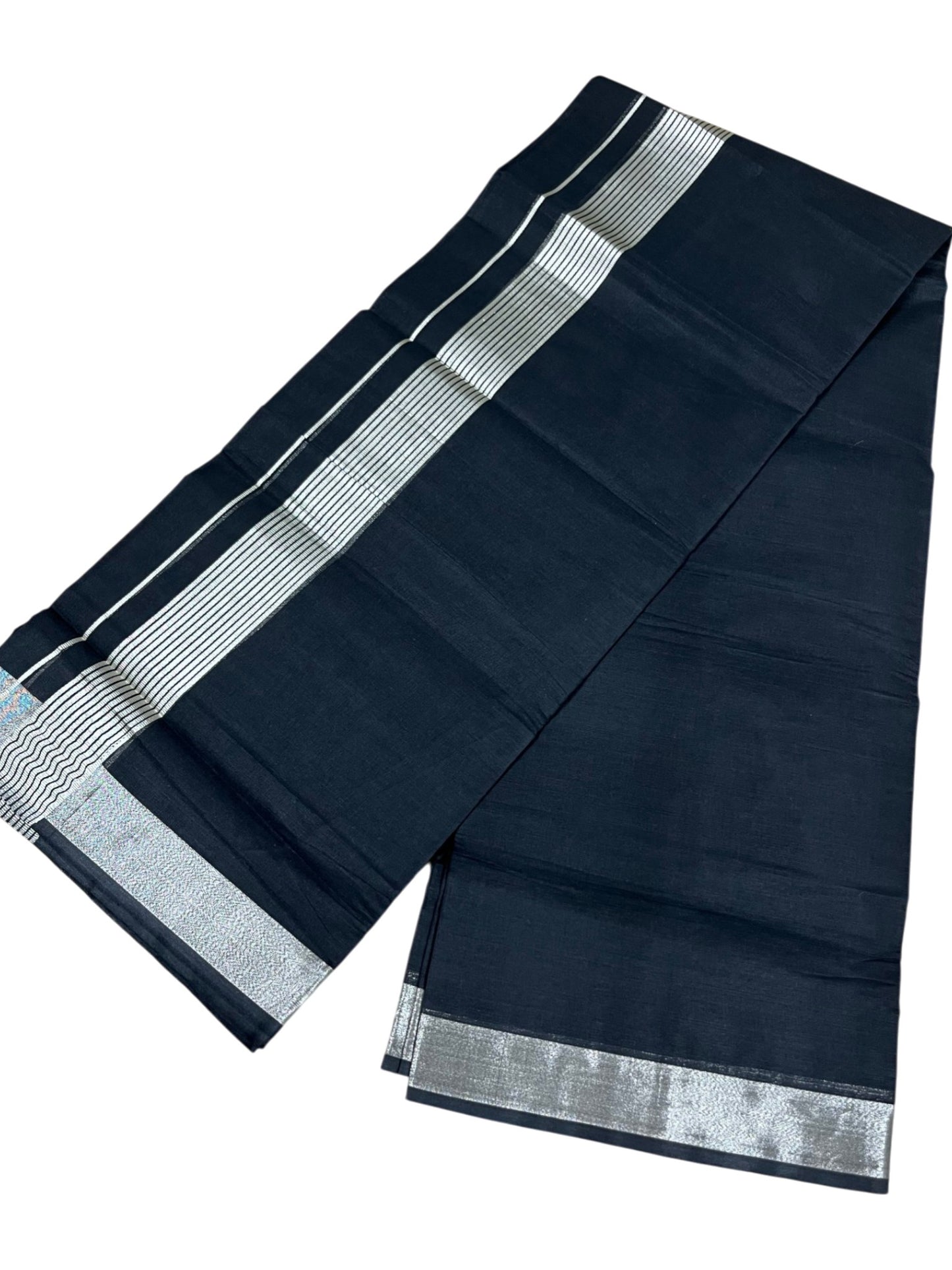 Southloom Kerala Pure Cotton Black Double Mundu with Silver Kasavu and Border (South Indian Dhoti)