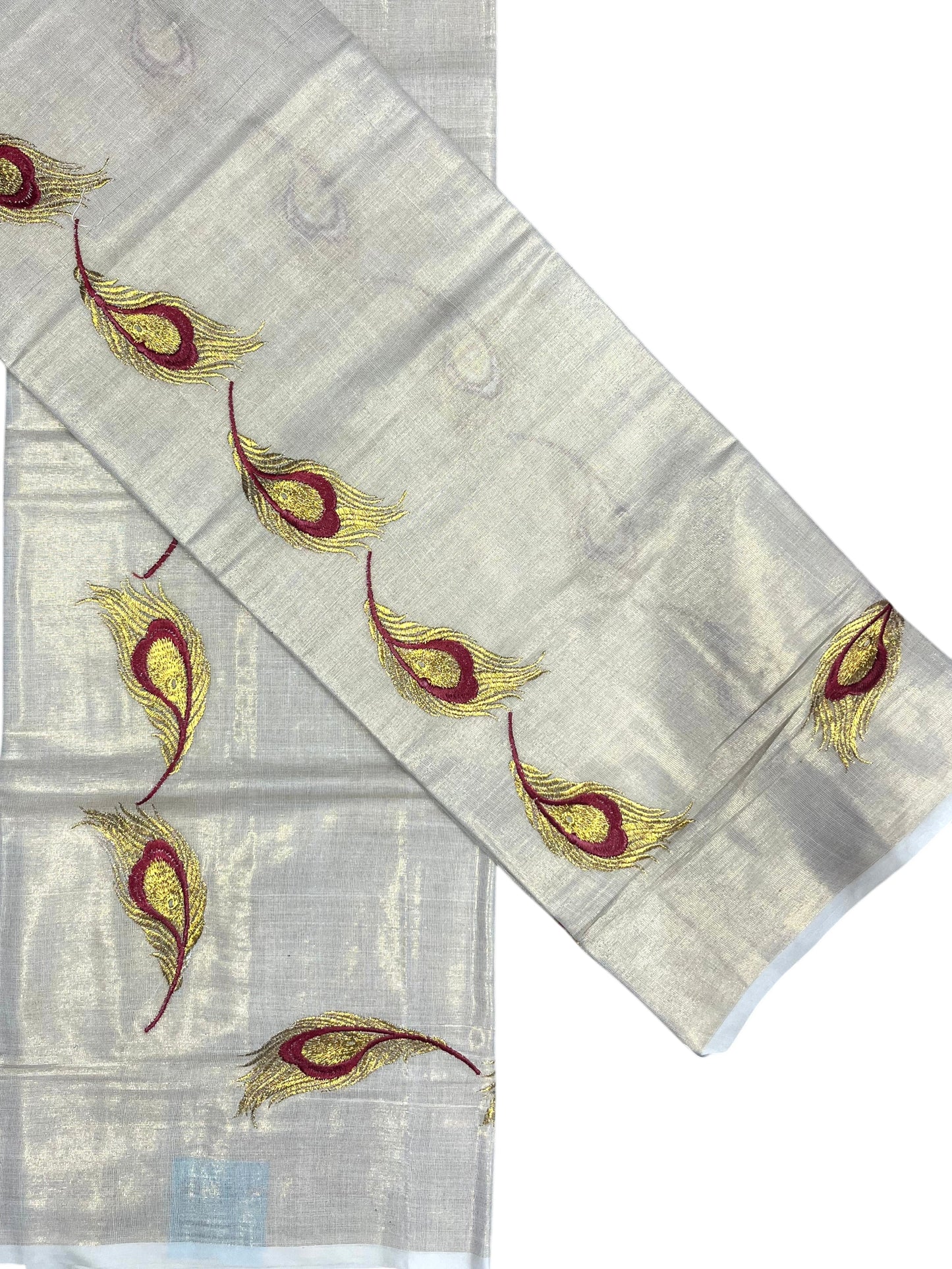 Southloom Kerala Tissue Kasavu Single Set Mundu (Mundum Neriyathum) Red and Golden Feather Embroidery Work