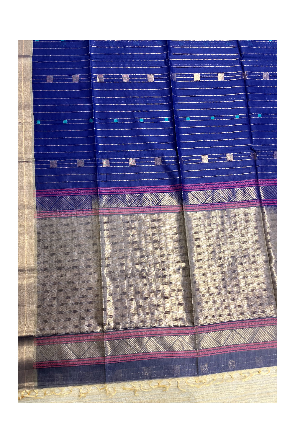 Southloom Pure Handloom Cotton Silk Saree With Handwoven Work Across Body and Blouse in Blue And Beige