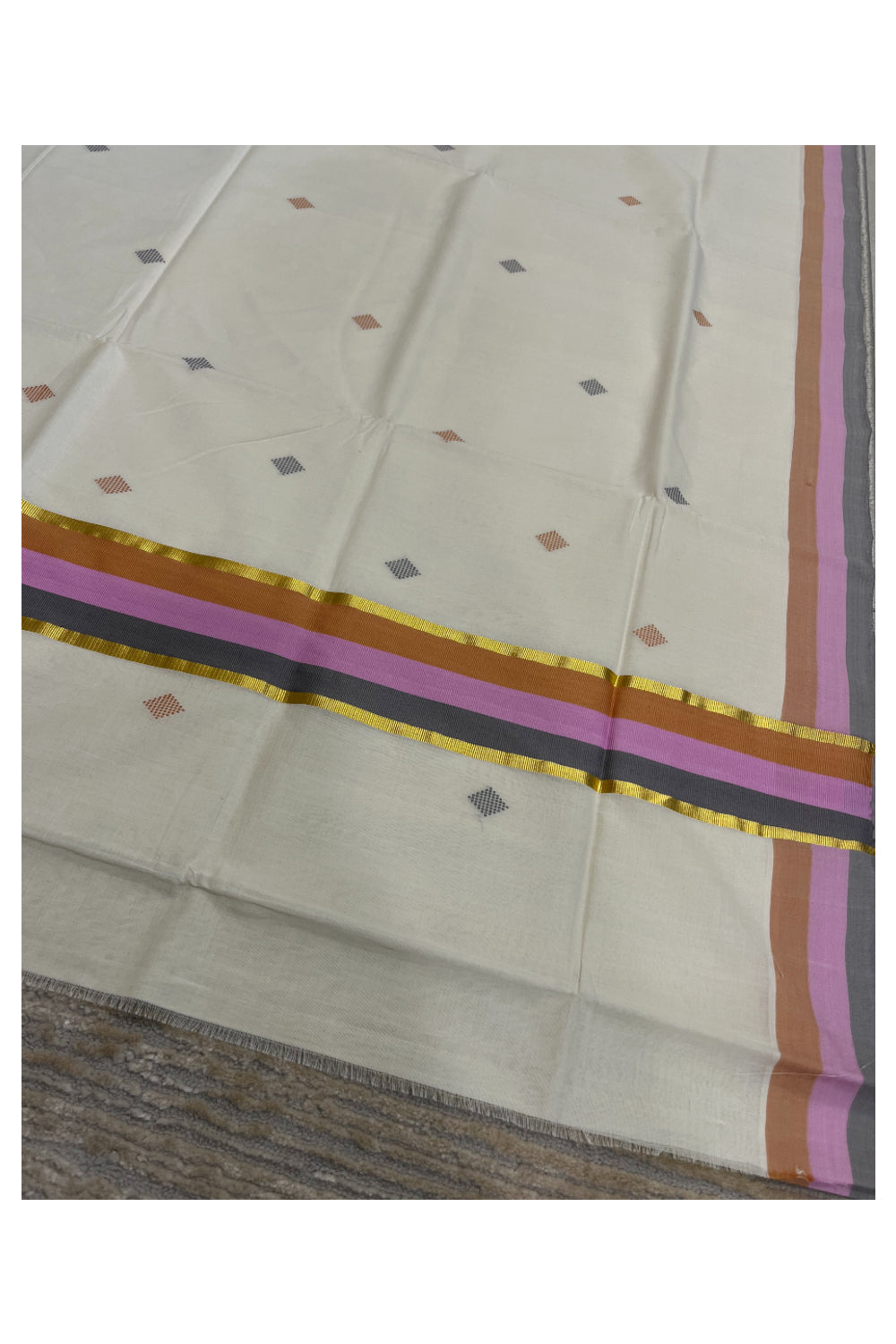 Southloom Premium Unakkupaavu Handloom Cotton Butta Saree with Orange, Pink and Grey Kasavu Border