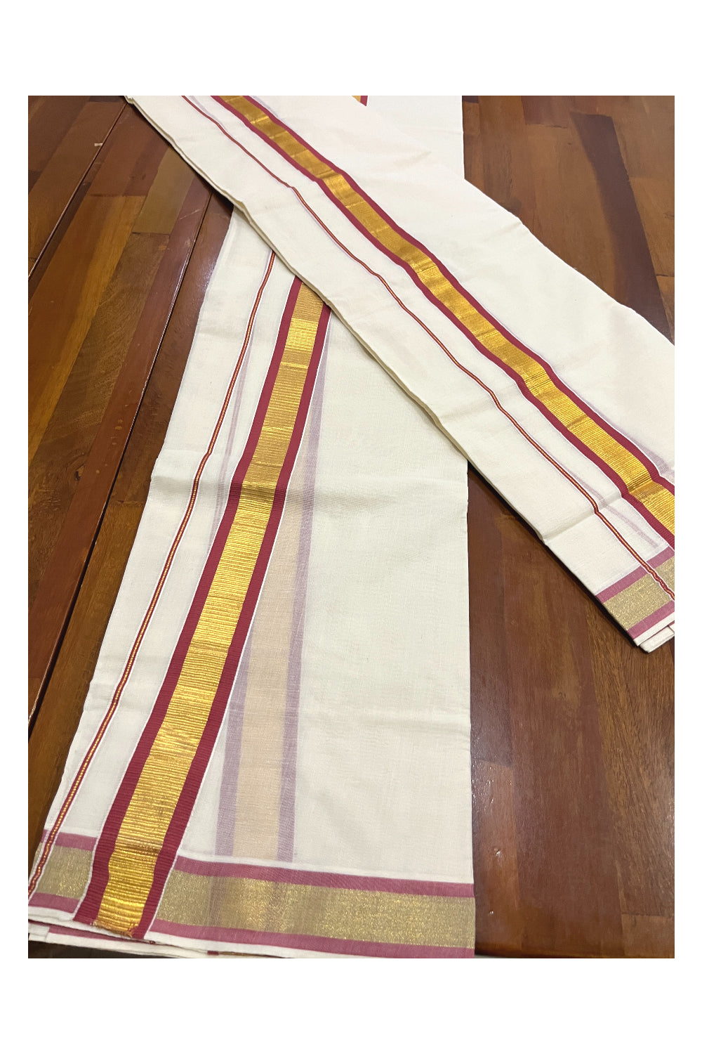 Kerala Cotton Mundum Neriyathum Single (Set Mundu) with Orange and Kasavu Border 2.80 Mtrs