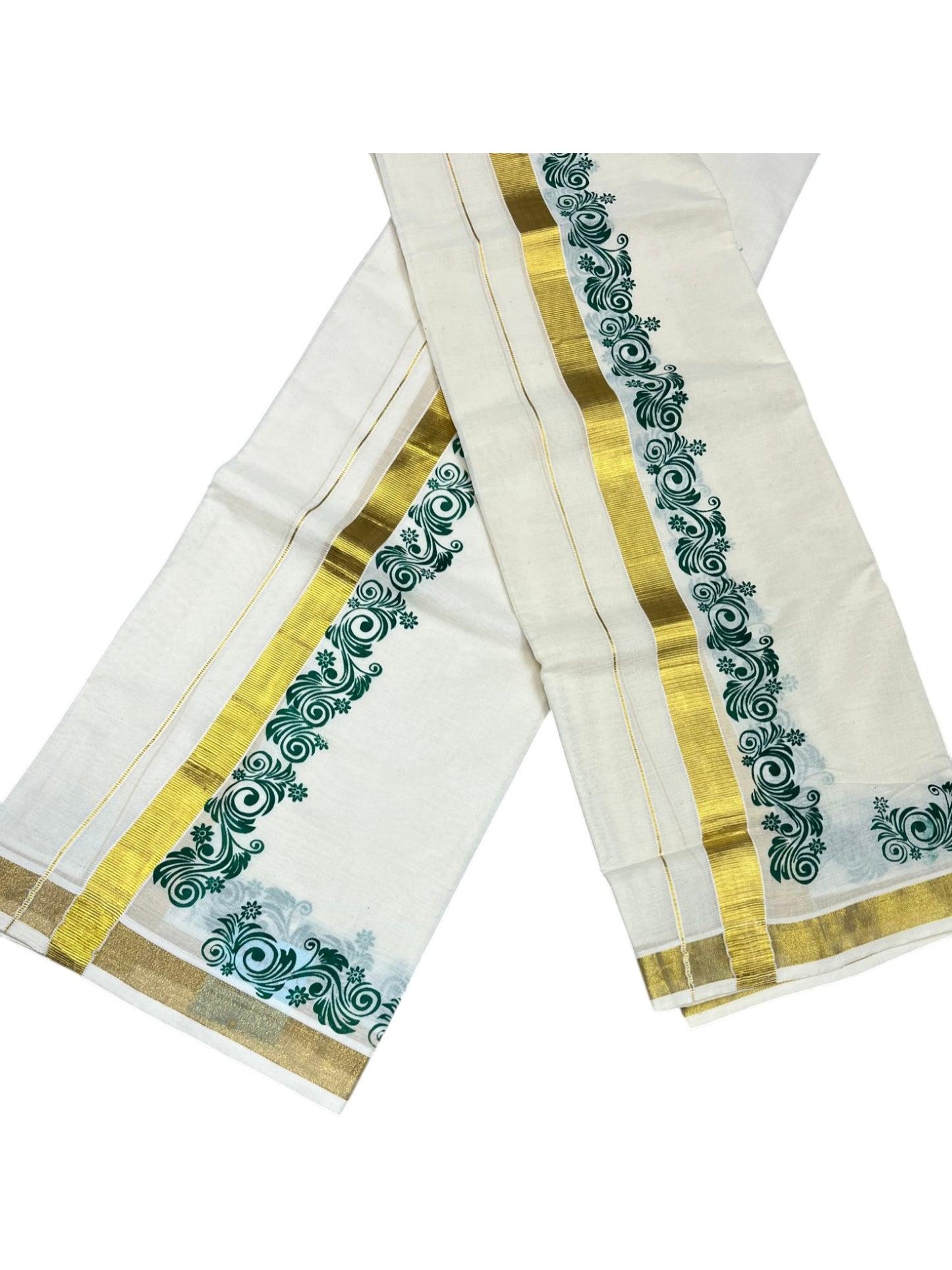 Southloom Pure Cotton Kerala Single Floral Print Set Mundu (Mundum Neriyathum) Green Border in 2.80 mtrs SL245