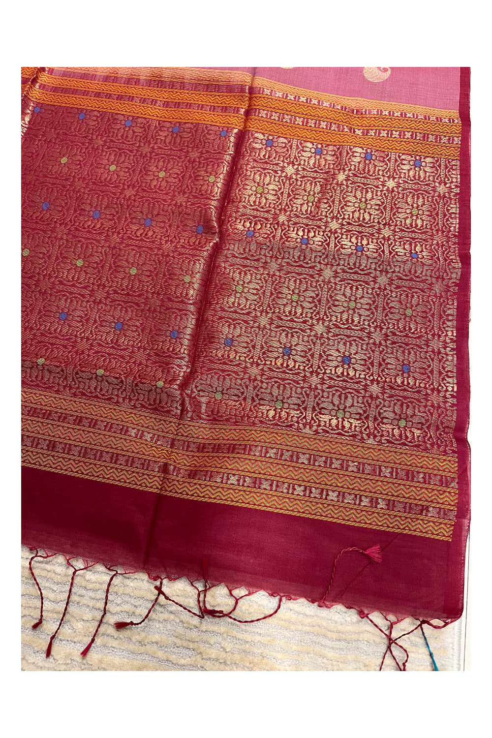 Southloom Pure Handloom Cotton Silk Saree With Handwoven Work Across Body and Blouse in Pink And Maroon