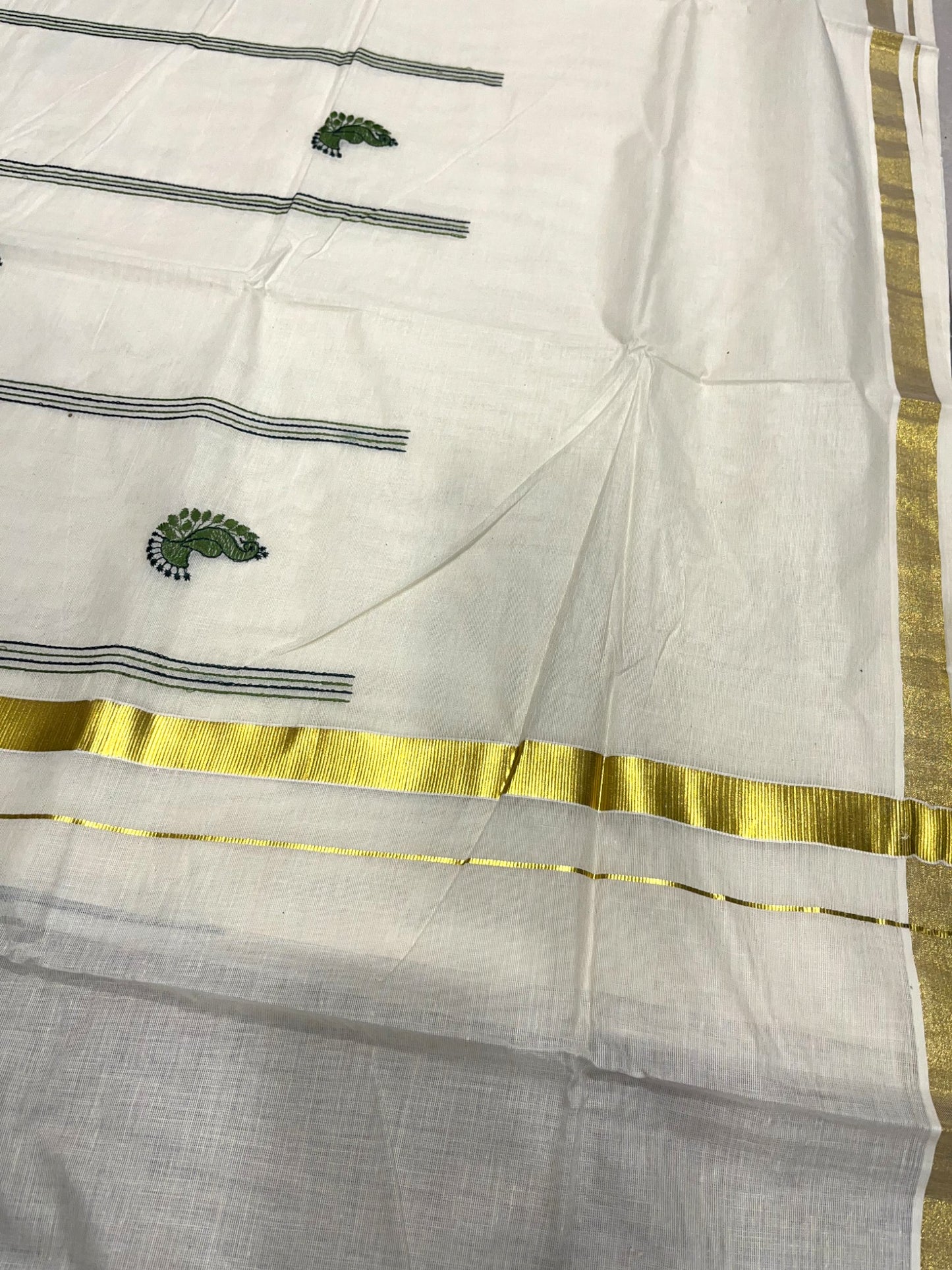 Southloom Kerala Cotton Kasavu Saree with Peacock Embroidery Works Across Body
