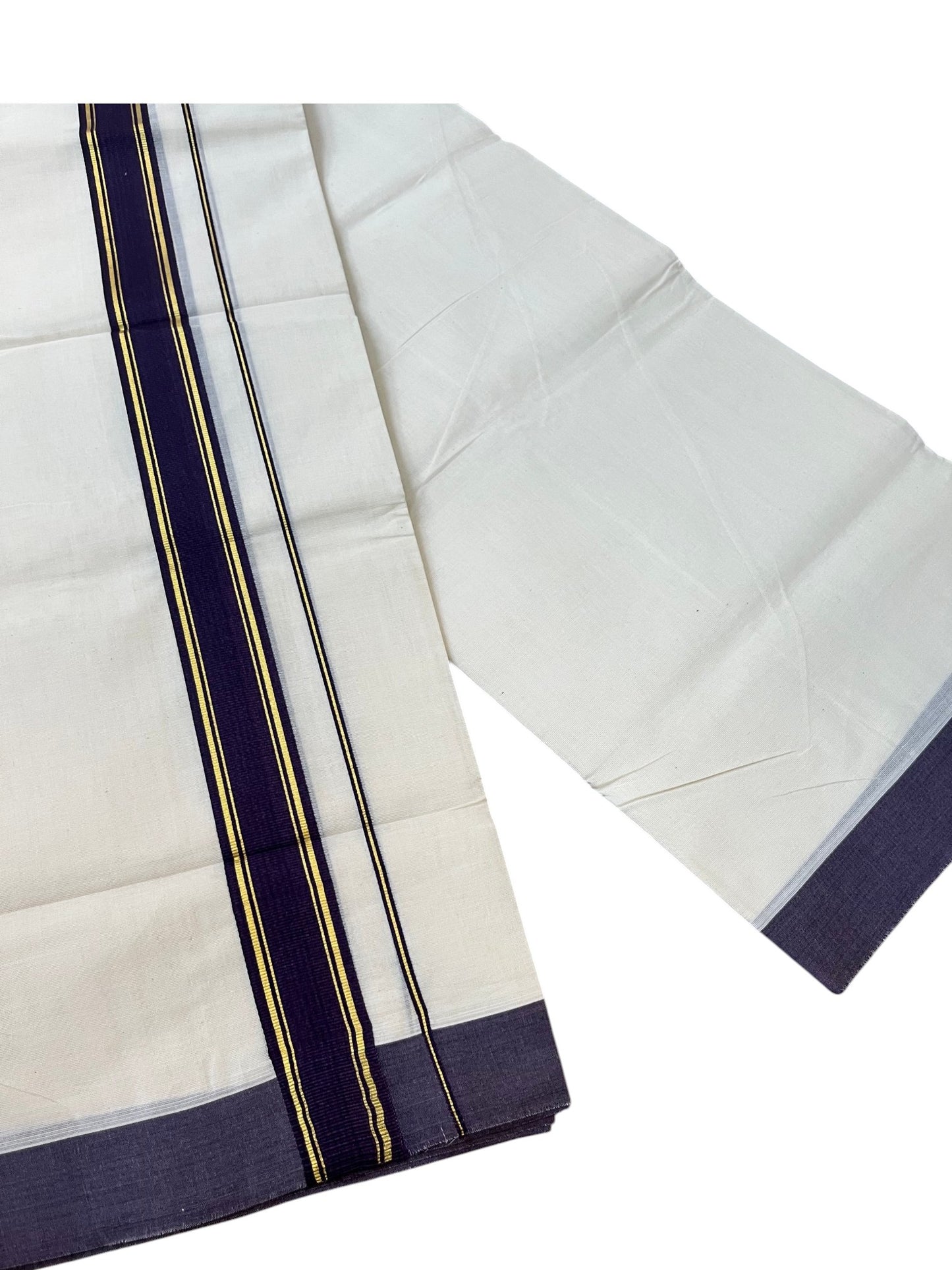 Southloom Pure Cotton Mundu with Golden Lines and Purple Border (South Indian Kerala Dhoti)