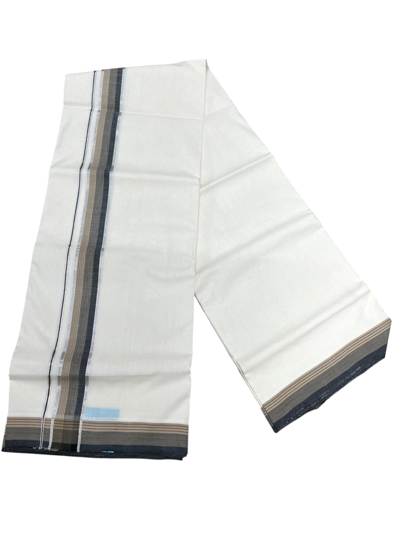 Southloom Unakkupaavu Premium Handloom Cotton Double Mundu with Silver Kasavu and Black and Beige Border