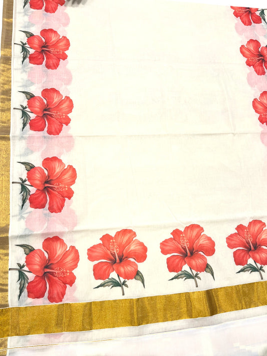 Southloom Tissue Kerala Kasavu Saree with Floral Digital Printed