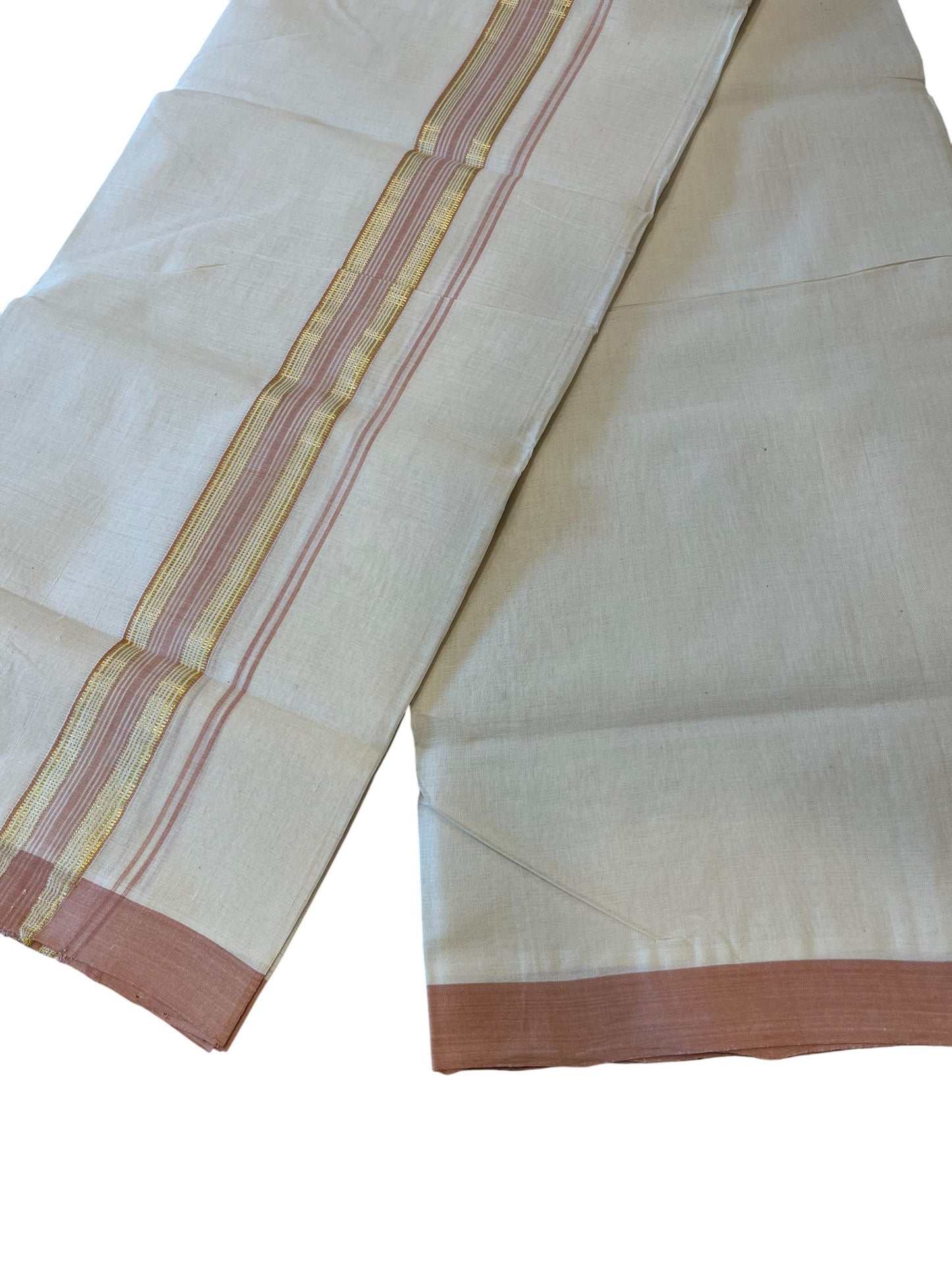 Southloom Premium Handloom Cotton Double Mundu with Gold and Peach Border