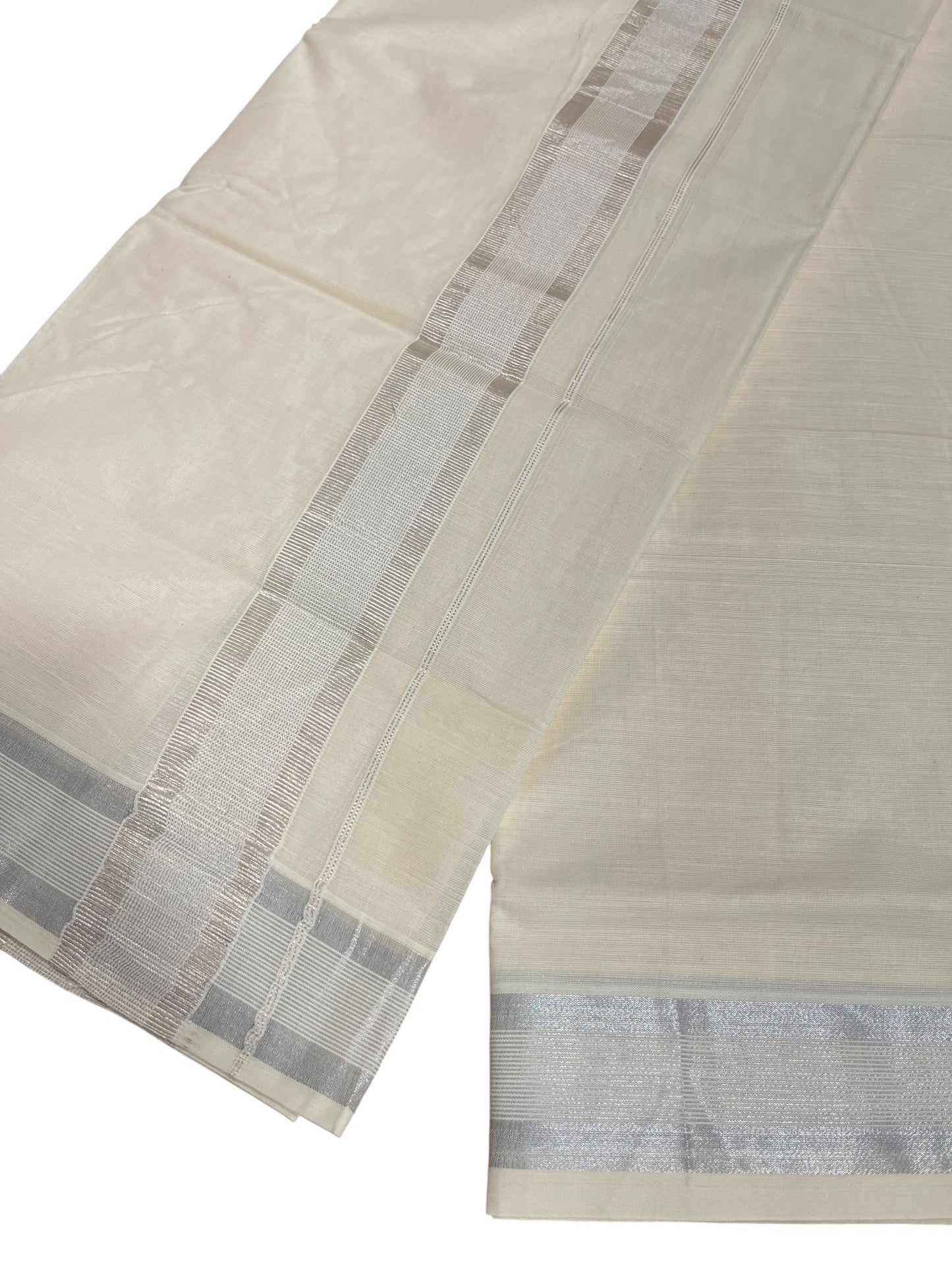 Southloom Kerala Pure Cotton Double Mundu with Silver Lines and Silver Border (South Indian Dhoti)