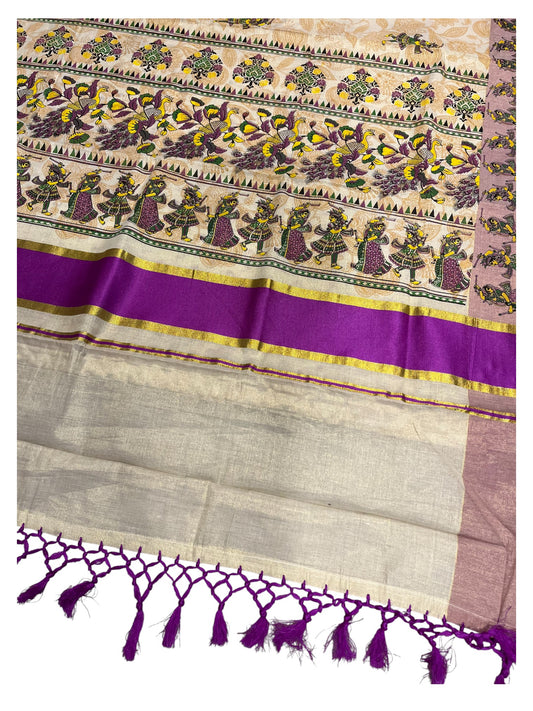 Southloom Kerala Tissue Kasavu Saree Violet Hand Printed