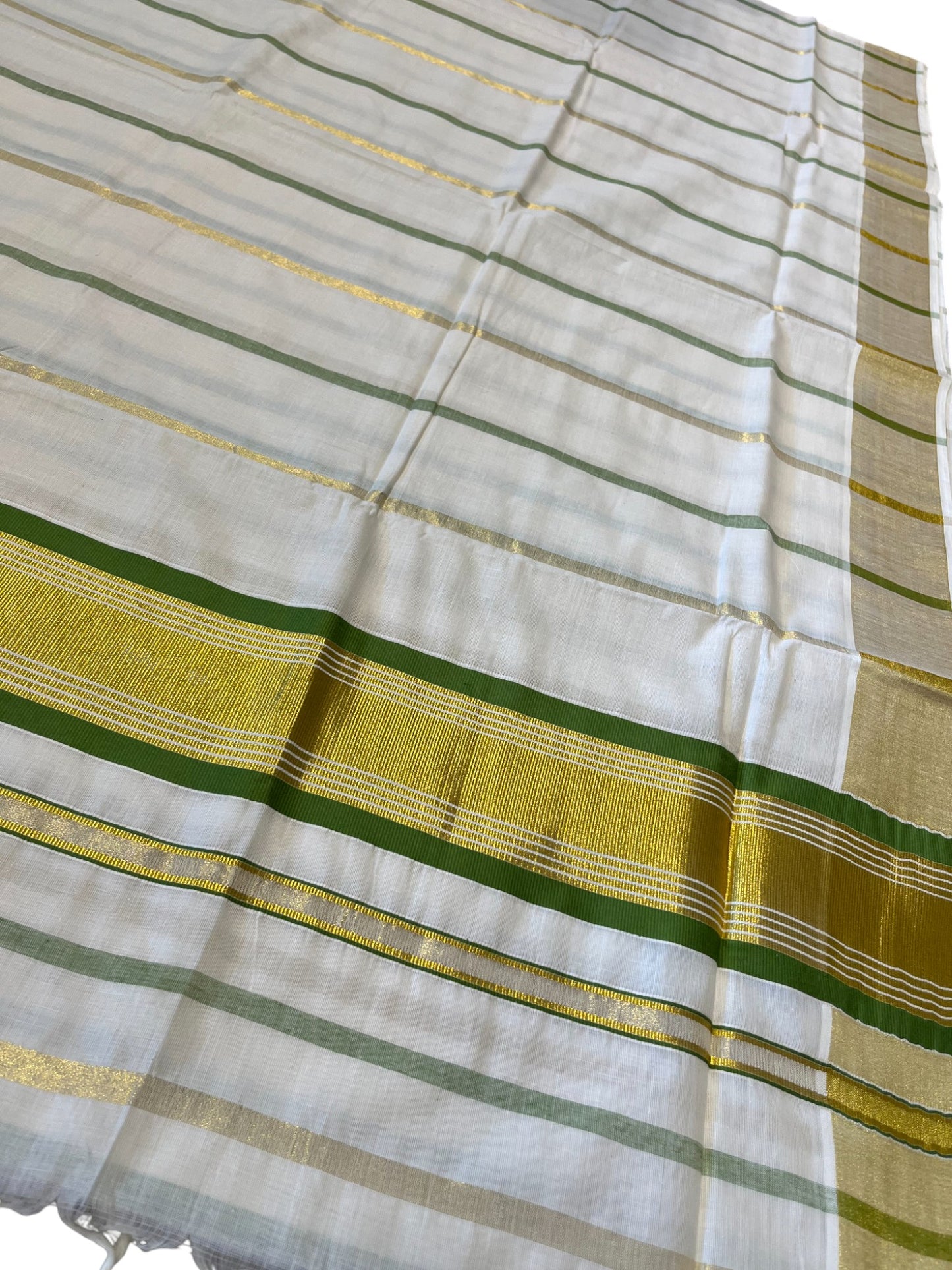 Southloom Kerala Cotton Kasavu Saree with Gold And Green Lines on Body