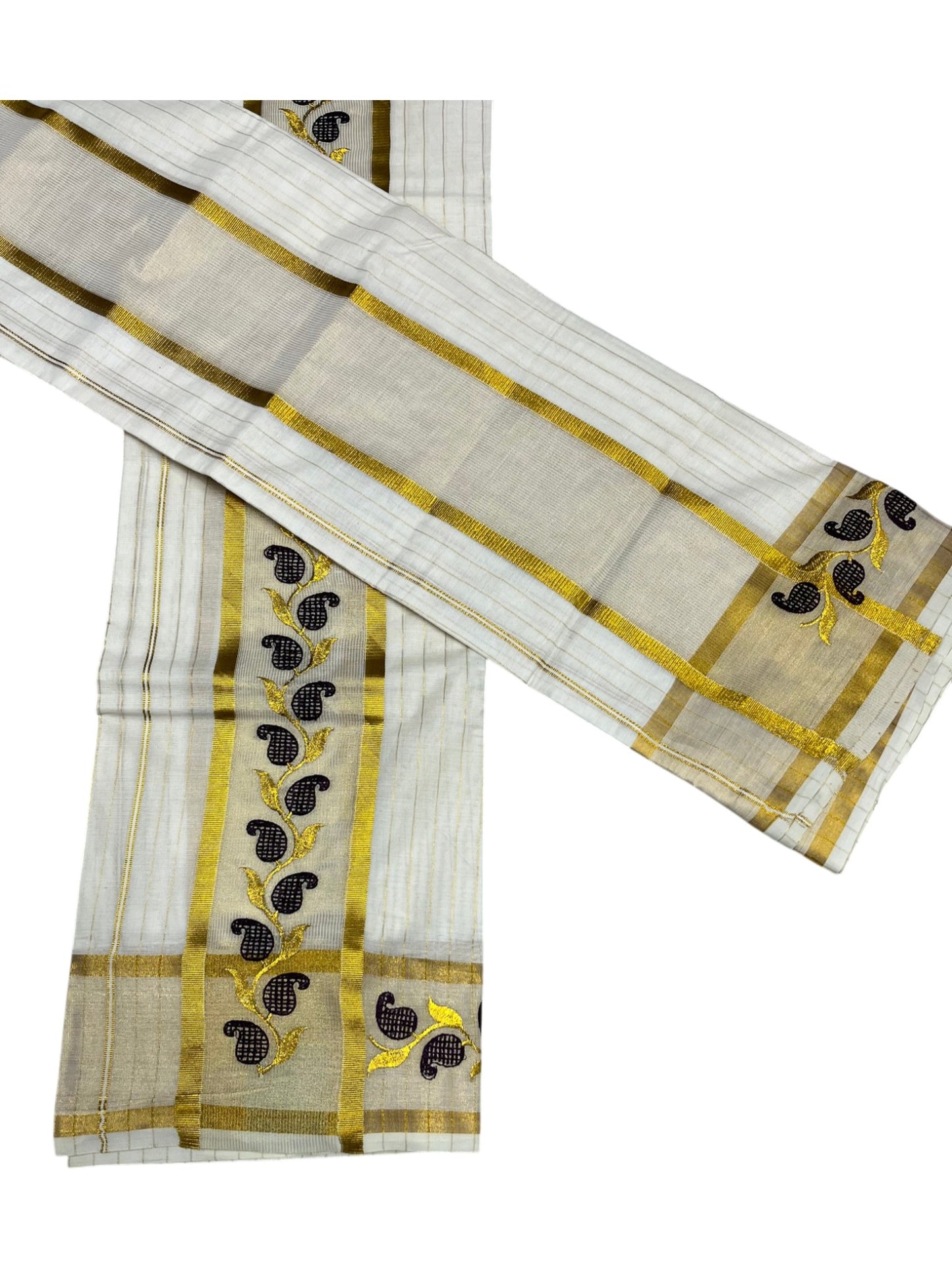 Southloom Cotton Lines Single Set Mundu (Mundu Neriyathum) With Embroidery Design Purple And Gold Border Kasavu in 2.80 Mtrs