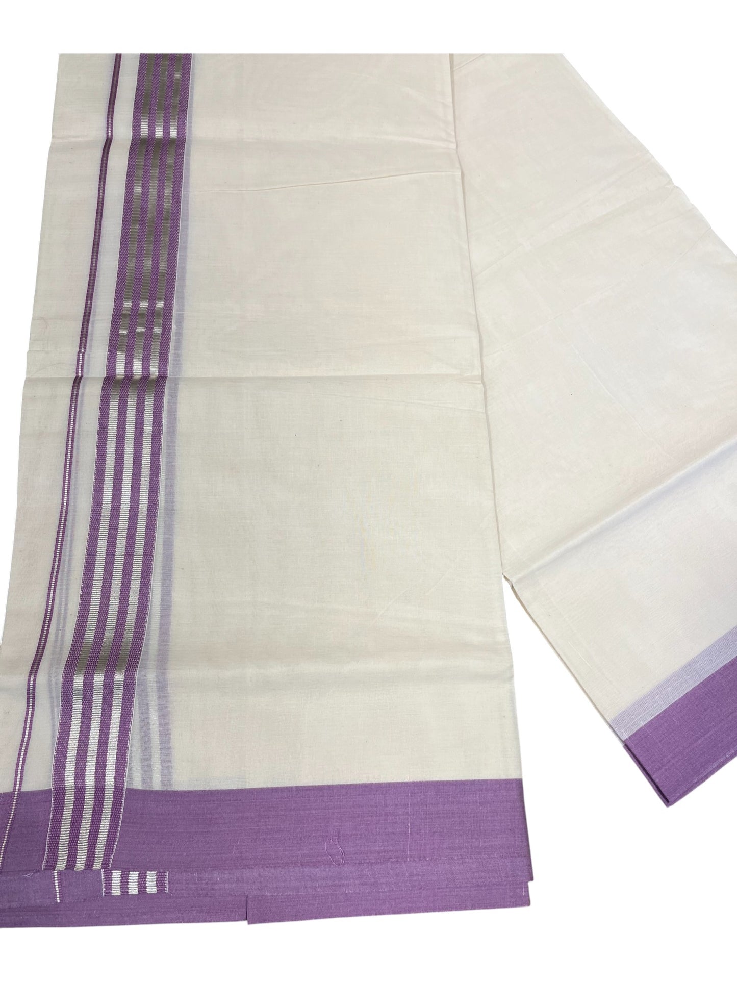 Southloom Kerala Pure Cotton Double Mundu with Lavender Colour And Silver Lines Border (South Indian Dhoti)