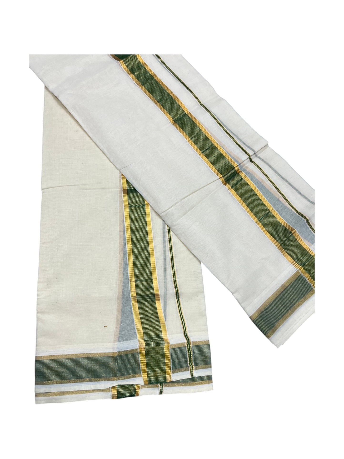 Southloom Pure Cotton Kerala Kasavu Set Mundu (Mundum Neriyathum) Kasavu & Green Border in 2.80 Mtrs