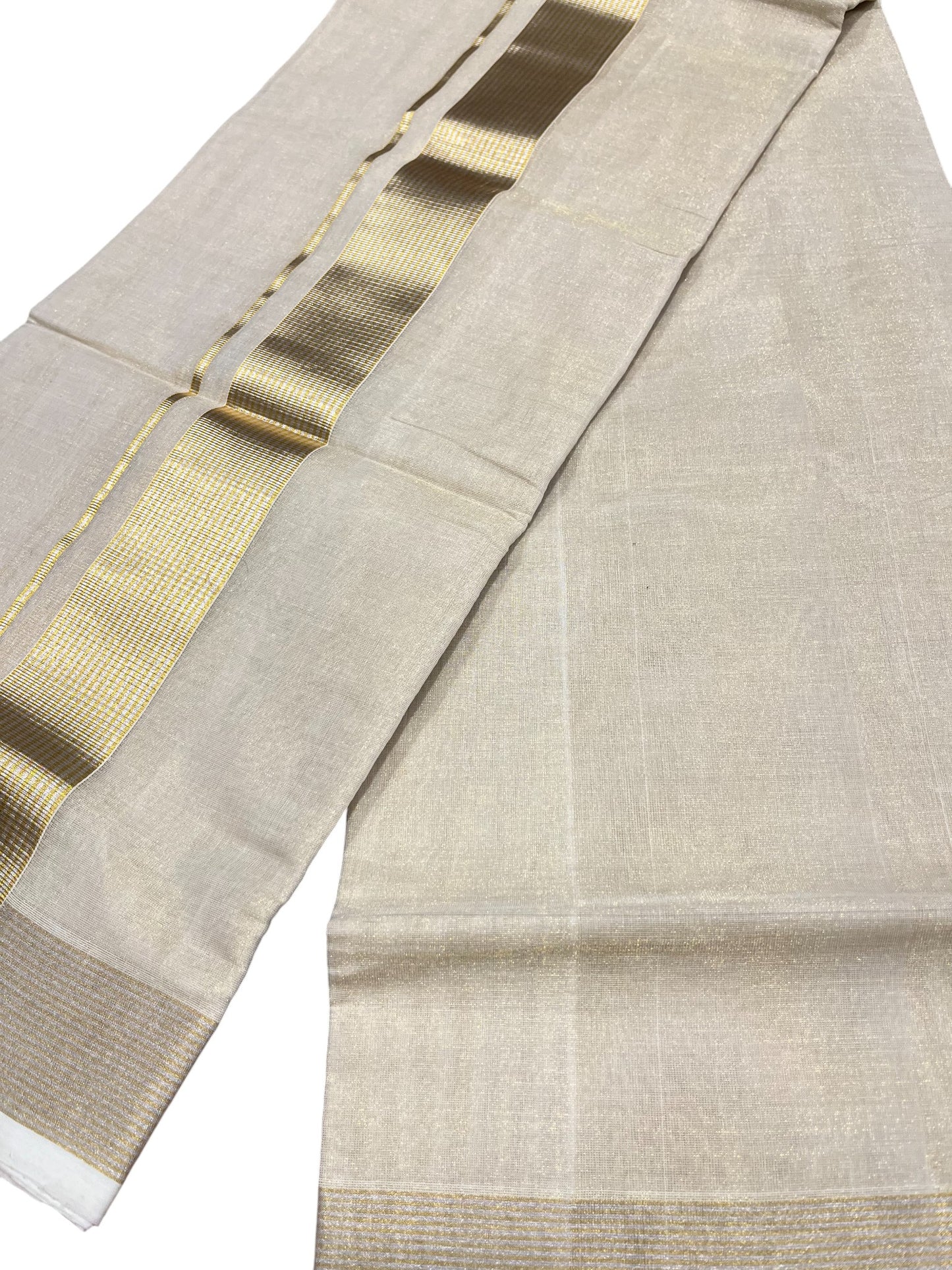 Southloom Premium Handloom Tissue Double Mundu with Gold And Silver Kasavu Border