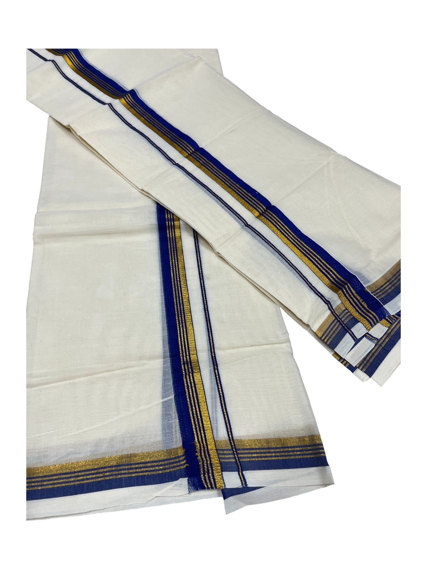 Pure Cotton Kerala Single Set Mundu (Mundum Neriyathum) with Blue Kasavu Border in 2.80 Mtrs