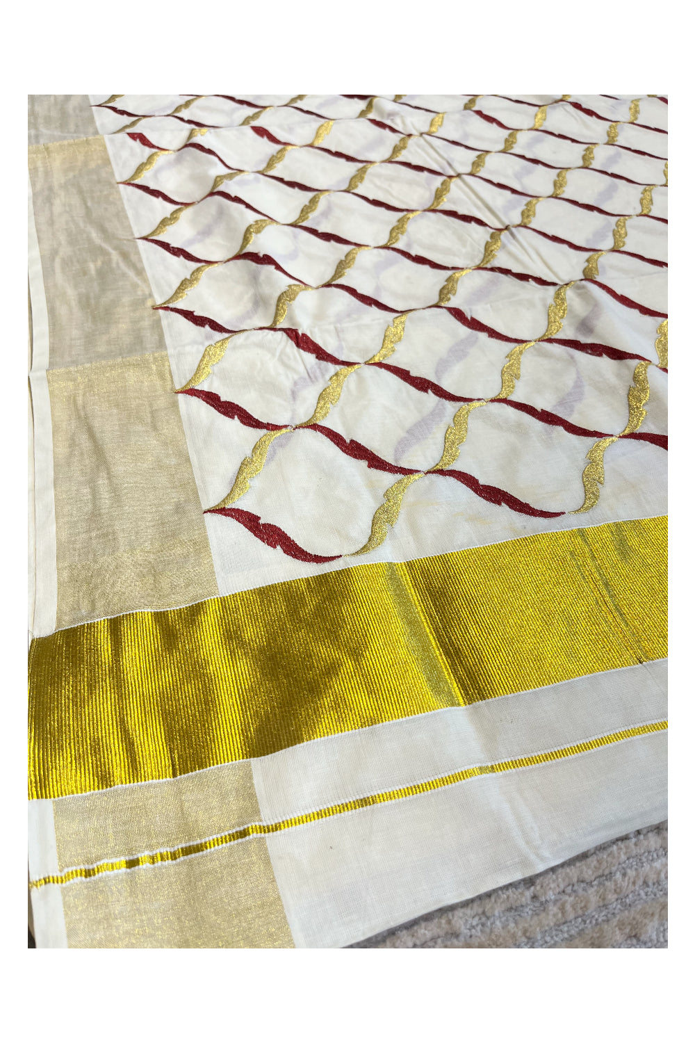 Southloom Cotton Kerala Kasavu Saree with Maroon and Golden Floral Designs
