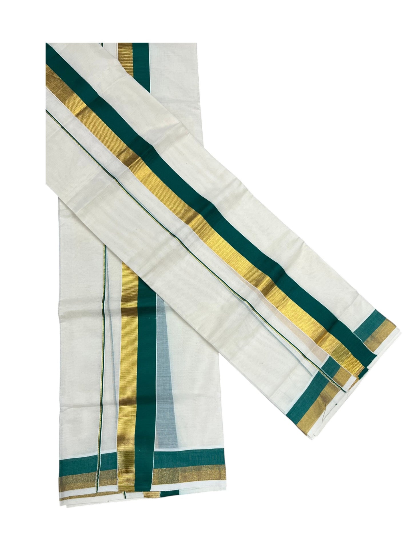 Kerala Cotton Set Mundu (Mundum Neriyathum) with Green and Kasavu Border 2.80 Mtrs