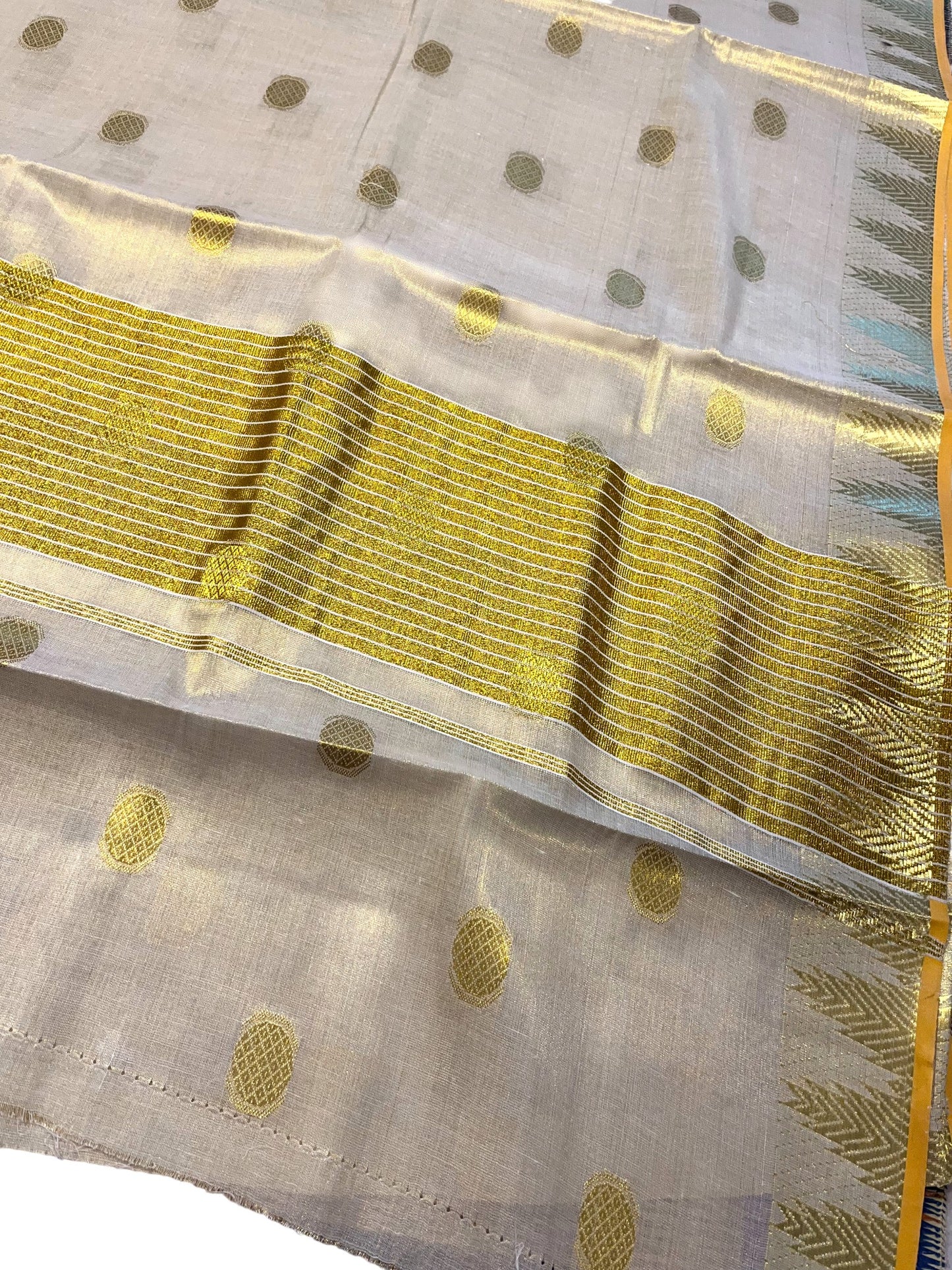 Southloom Tissue Kasavu Saree with Woven Butta Works Across Body and Temple Border