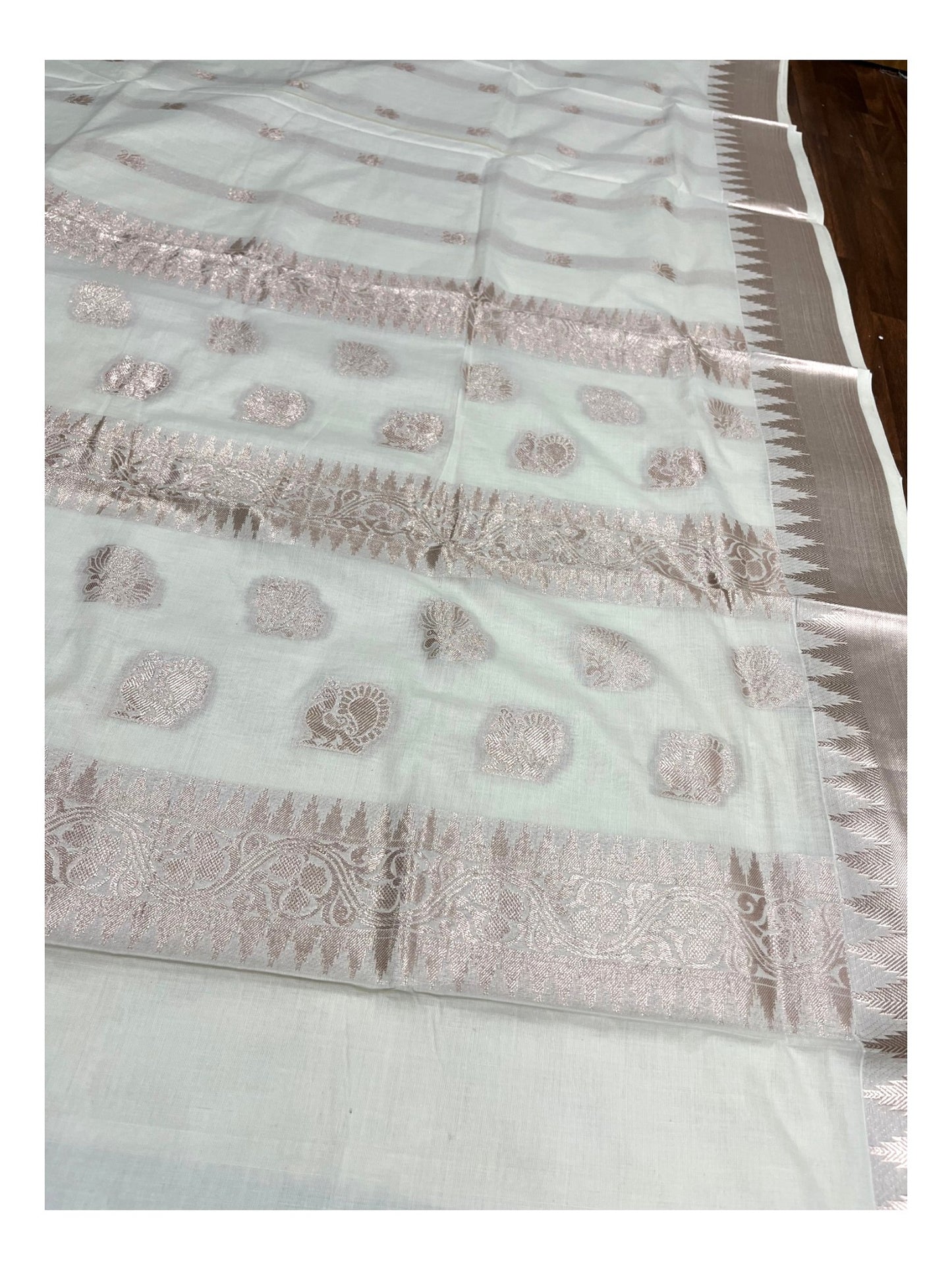 Southloom Pure Cotton Kerala Kasavu Heavy Work Saree with Paisley Floral Woven Design