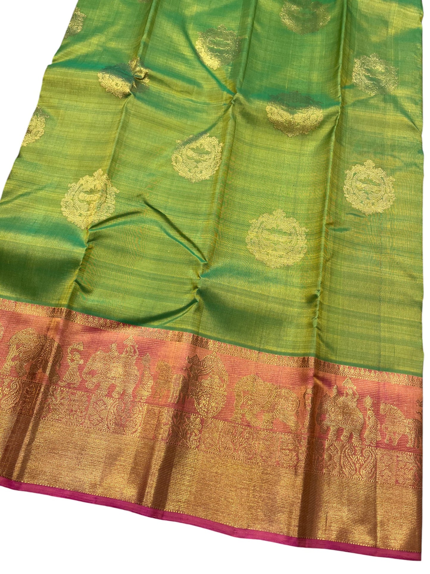Southloom Premium Bridal Handloom Kanchipuram Silk Saree With Pallakku Design & Butta Works (Green)