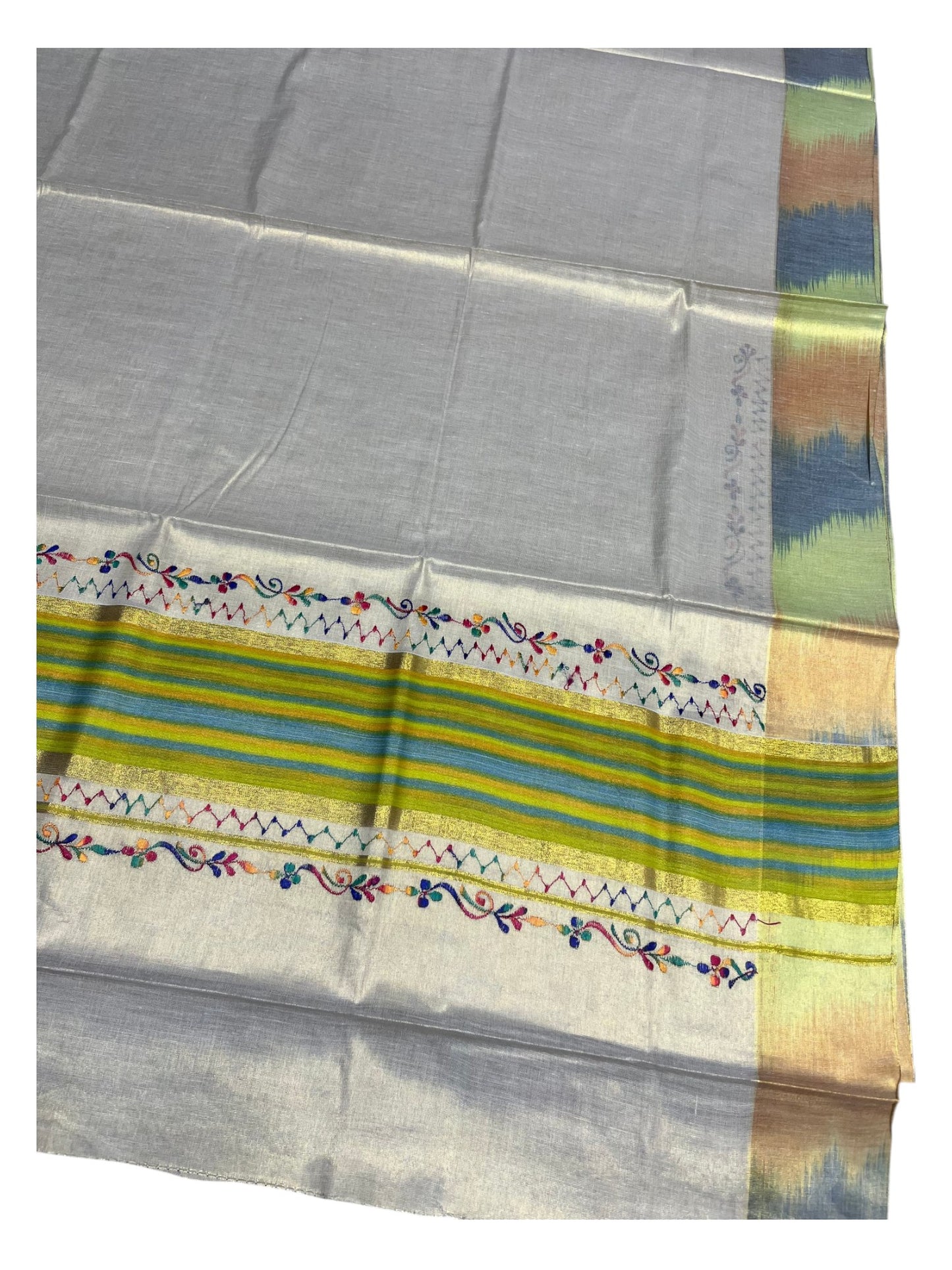 Southloom Kerala Tissue Kasavu Saree with Multi Colour Pochampally Design on Borders and Kara