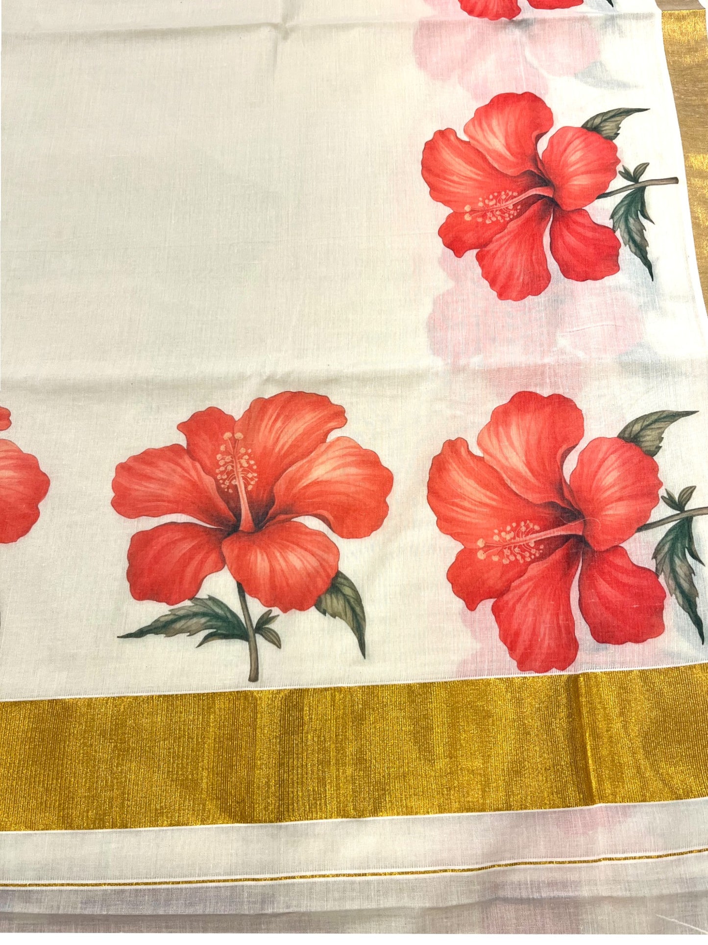 Southloom Tissue Kerala Kasavu Saree with Floral Digital Printed