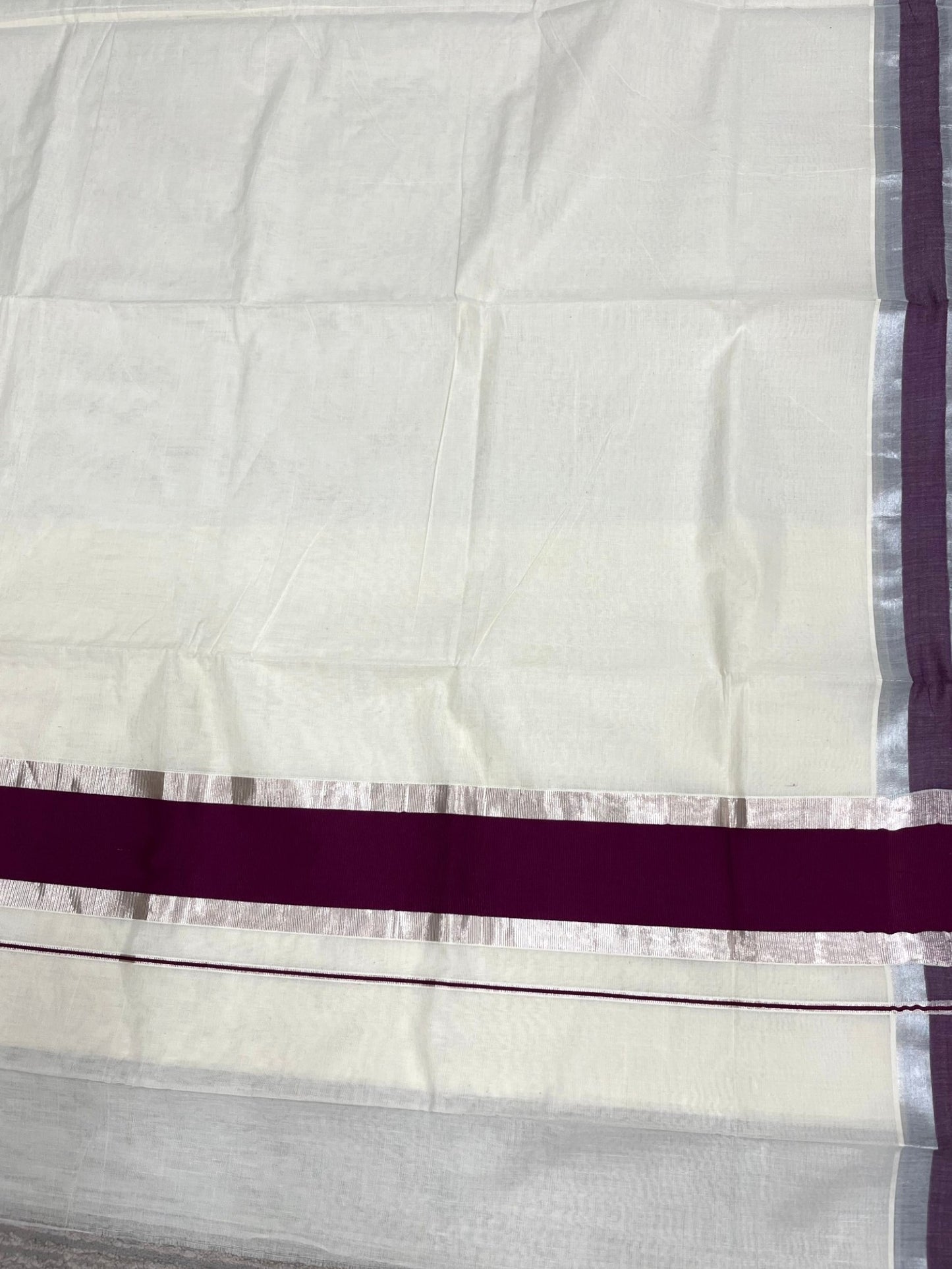 Kerala Pure Cotton Plain Saree with Silver Kasavu and Purple Border