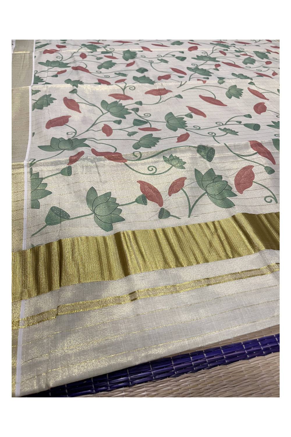 Kerala Tissue Kasavu Lines Saree with Green Floral Kalamkari Design