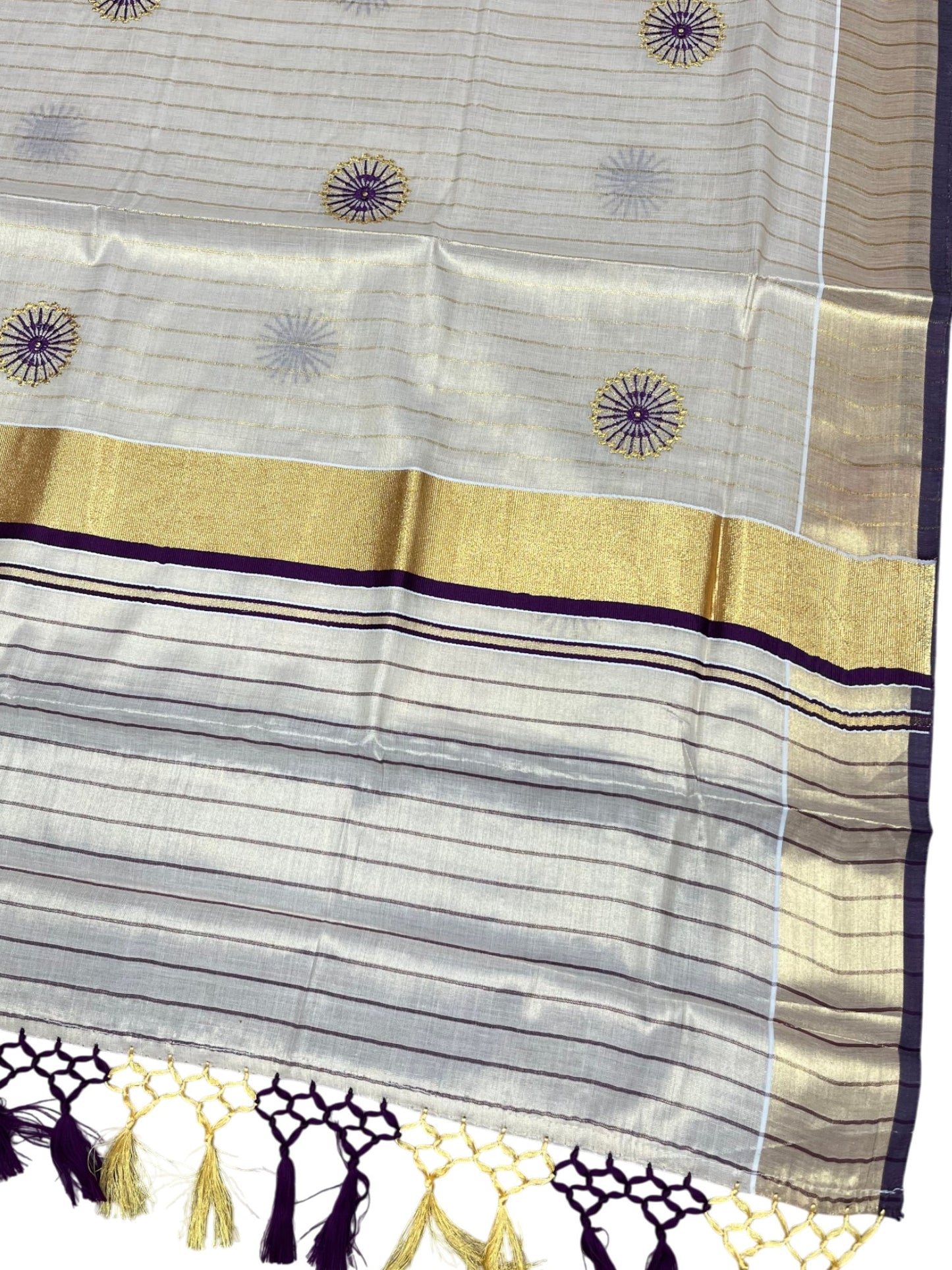 Southloom Tissue Kerala Kasavu Lines Saree with Embroidery Work on Body in Purple