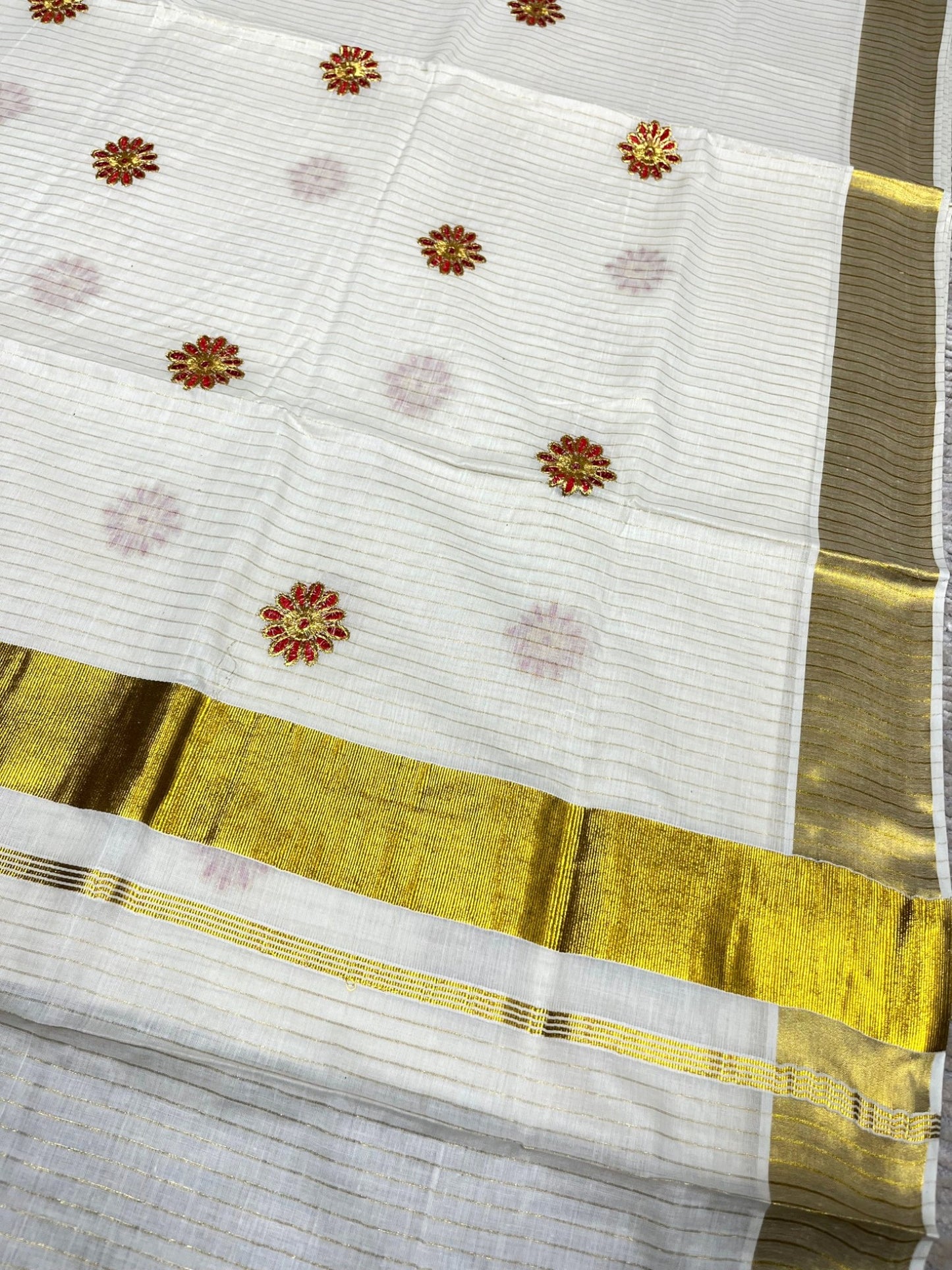 Southloom Cotton Kerala Kasavu Stripes Saree with Floral Embroidery Design in Red