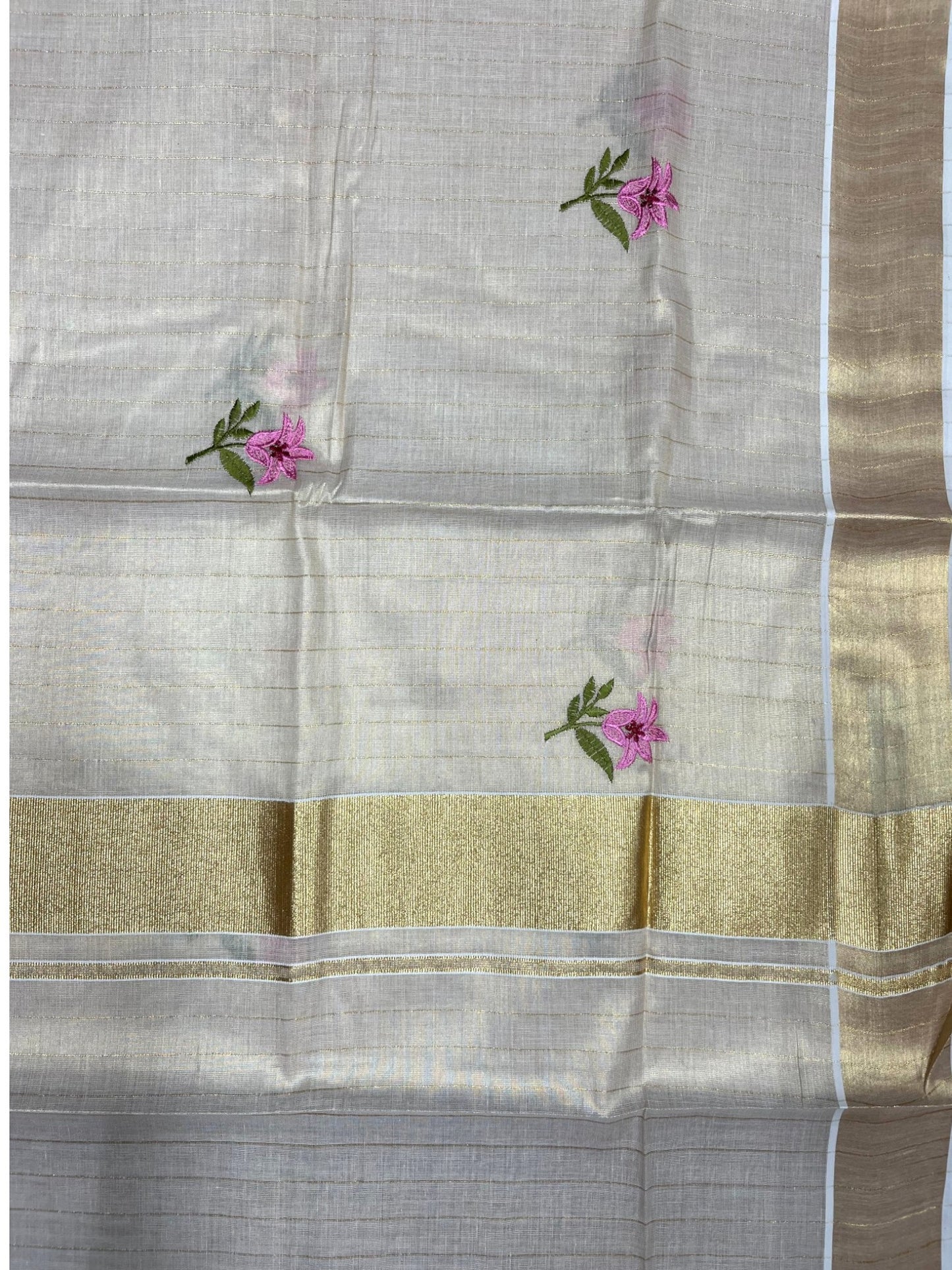 Southloom Kerala Tissue Kasavu Lines Saree with Floral Embroidery Work on Body