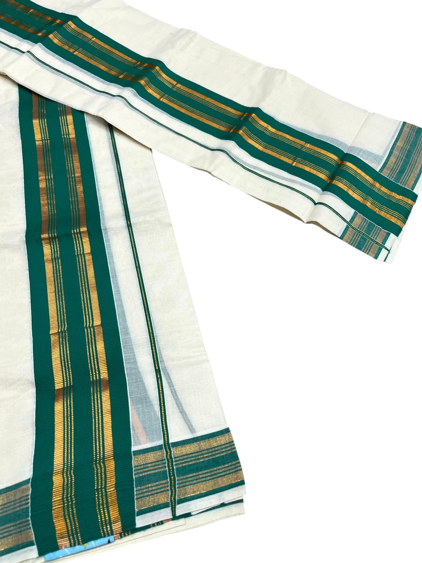 Kerala Cotton Set Mundu (Mundum Neriyathum) with Kasavu and Light Green Border in 2.80 Mtrs SLKK SL470