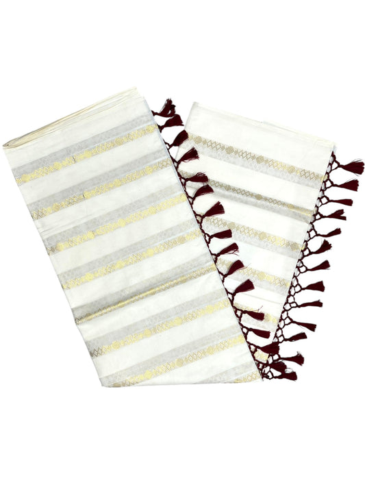 Southloom Kerala Cotton Kasavu Saree with Stripes on Body and Maroon Tussels