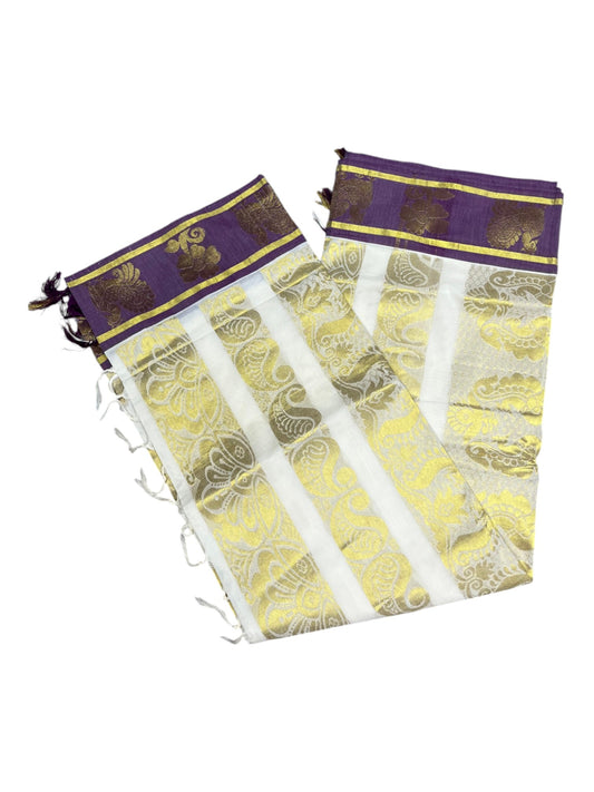 Southloom Pure Cotton Kerala Kasavu Heavy Work Saree with Paisley Floral Woven Design Violet Border