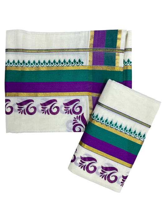 Southloom Cotton Single Set Mundu (Mundu Neriyathum) Digital Print With Green And Violet Border Kasavu in 2.80 Mtrs